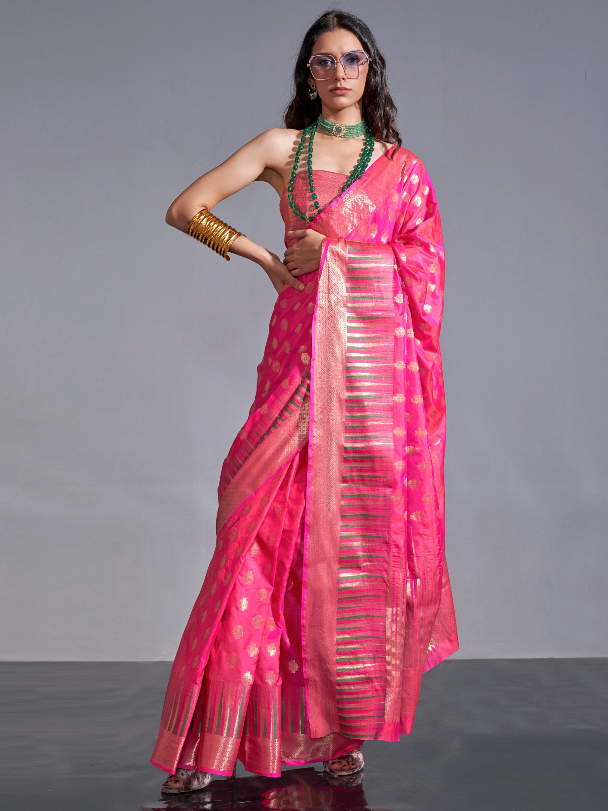 Pretty Pink Zari Weaving Silk Wedding Wear Saree With Blouse