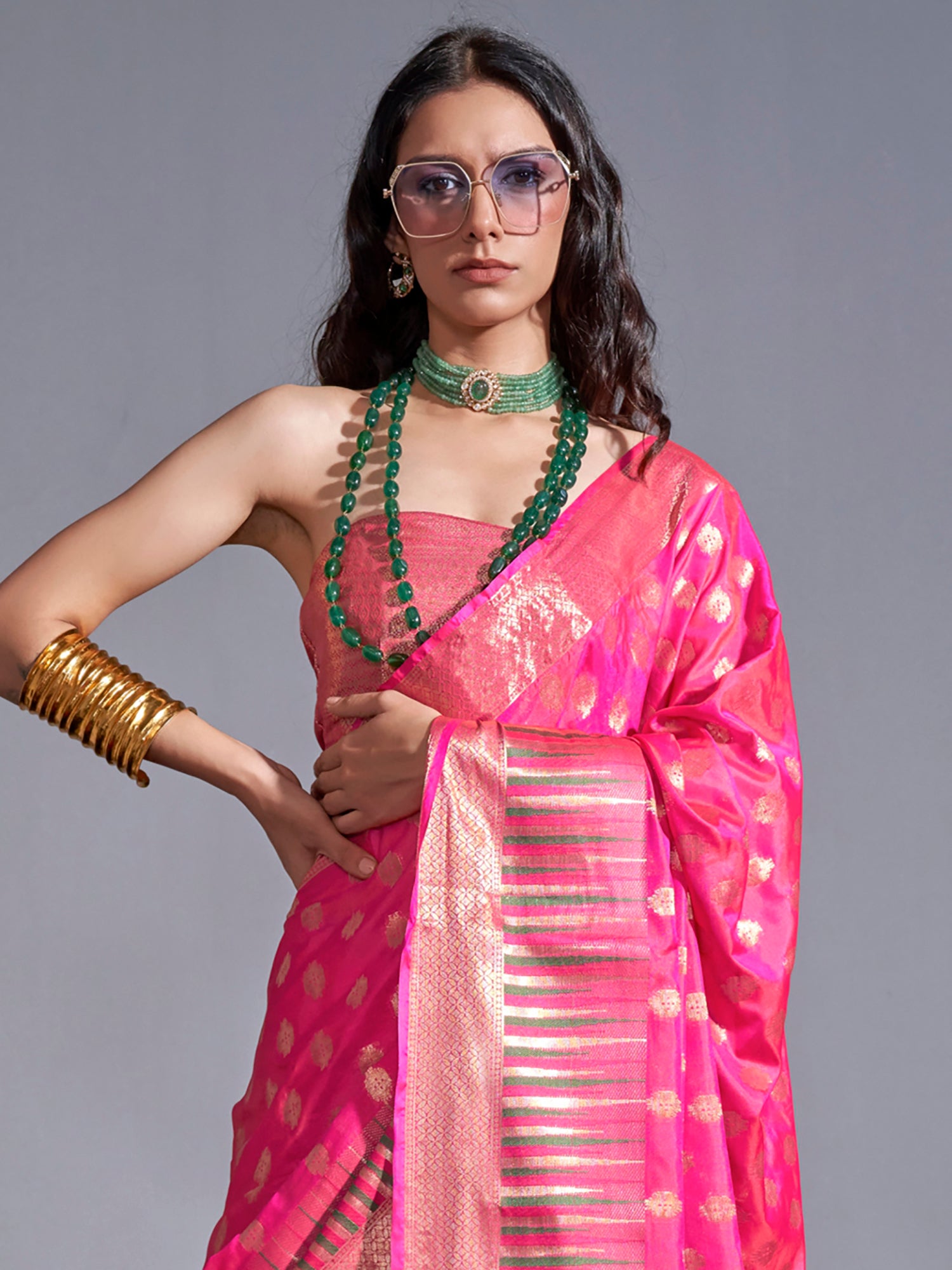 Pretty Pink Zari Weaving Silk Wedding Wear Saree With Blouse