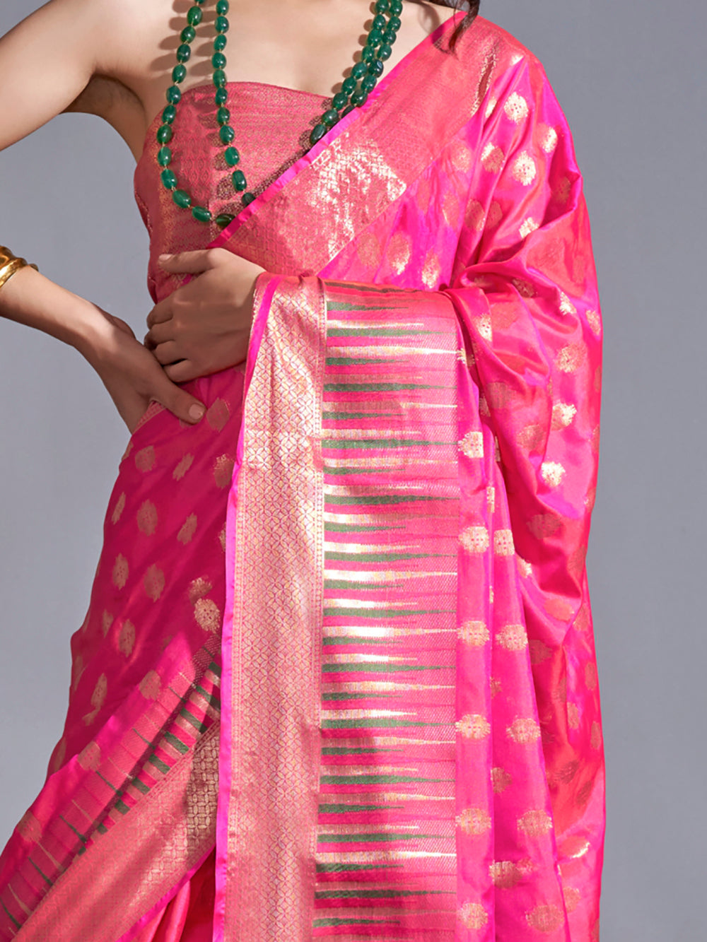 Pretty Pink Zari Weaving Silk Wedding Wear Saree With Blouse