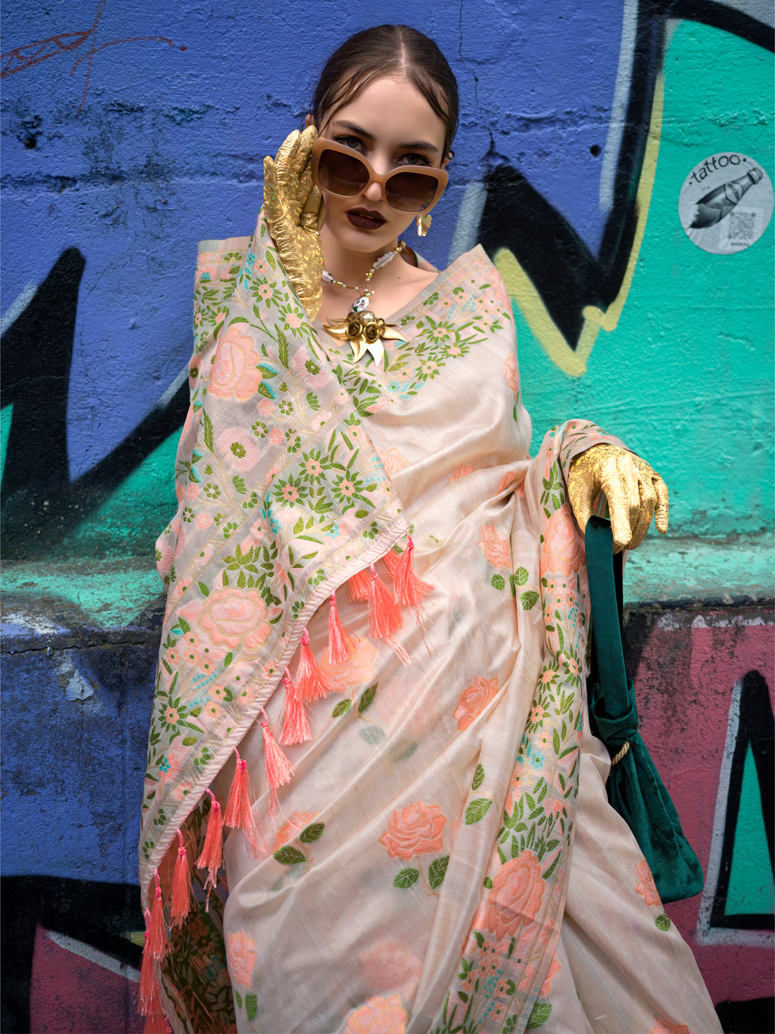 Beautiful Cream Floral Printed Silk Festive Wear Saree With Blouse