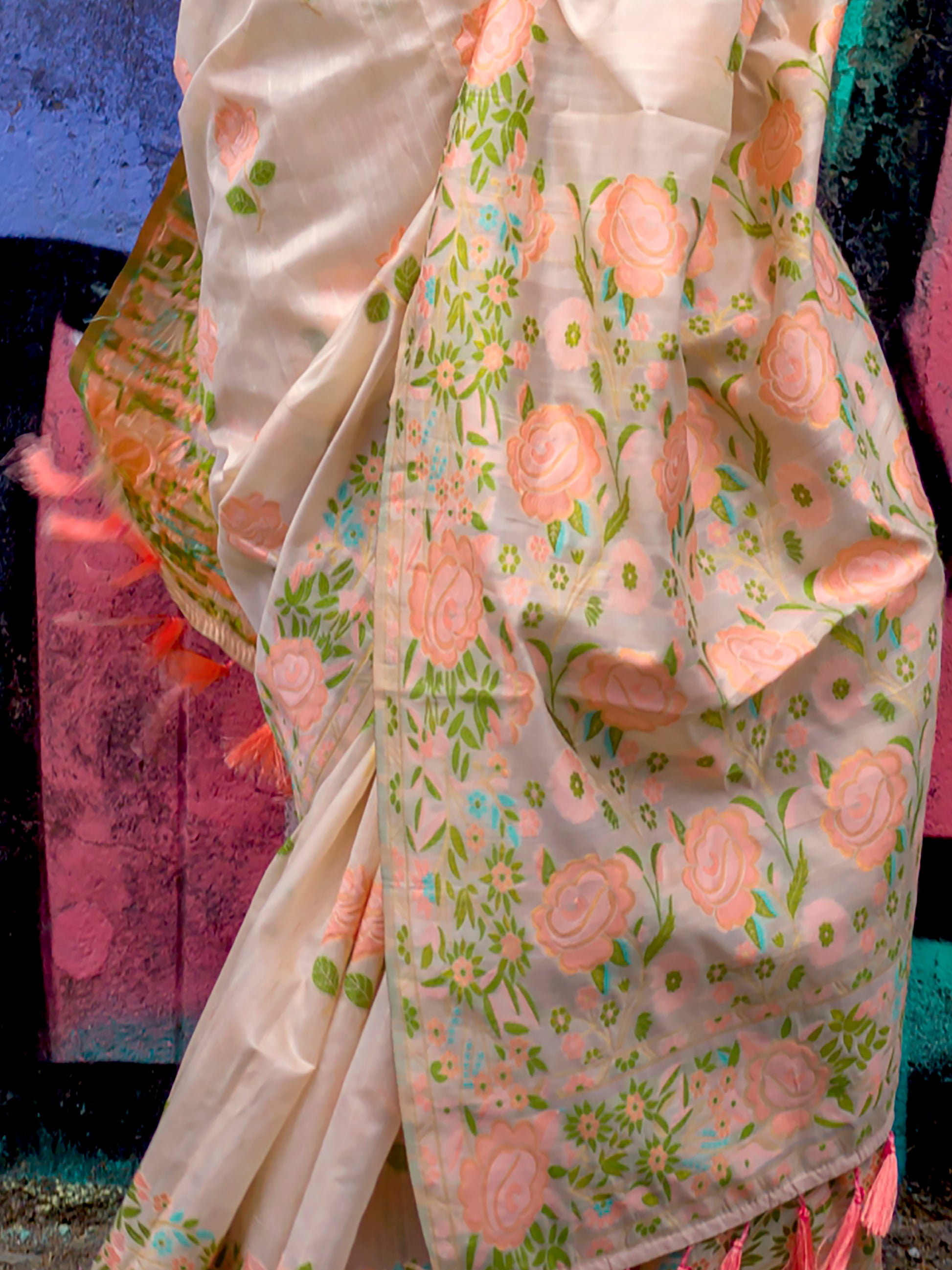 Beautiful Cream Floral Printed Silk Festive Wear Saree With Blouse