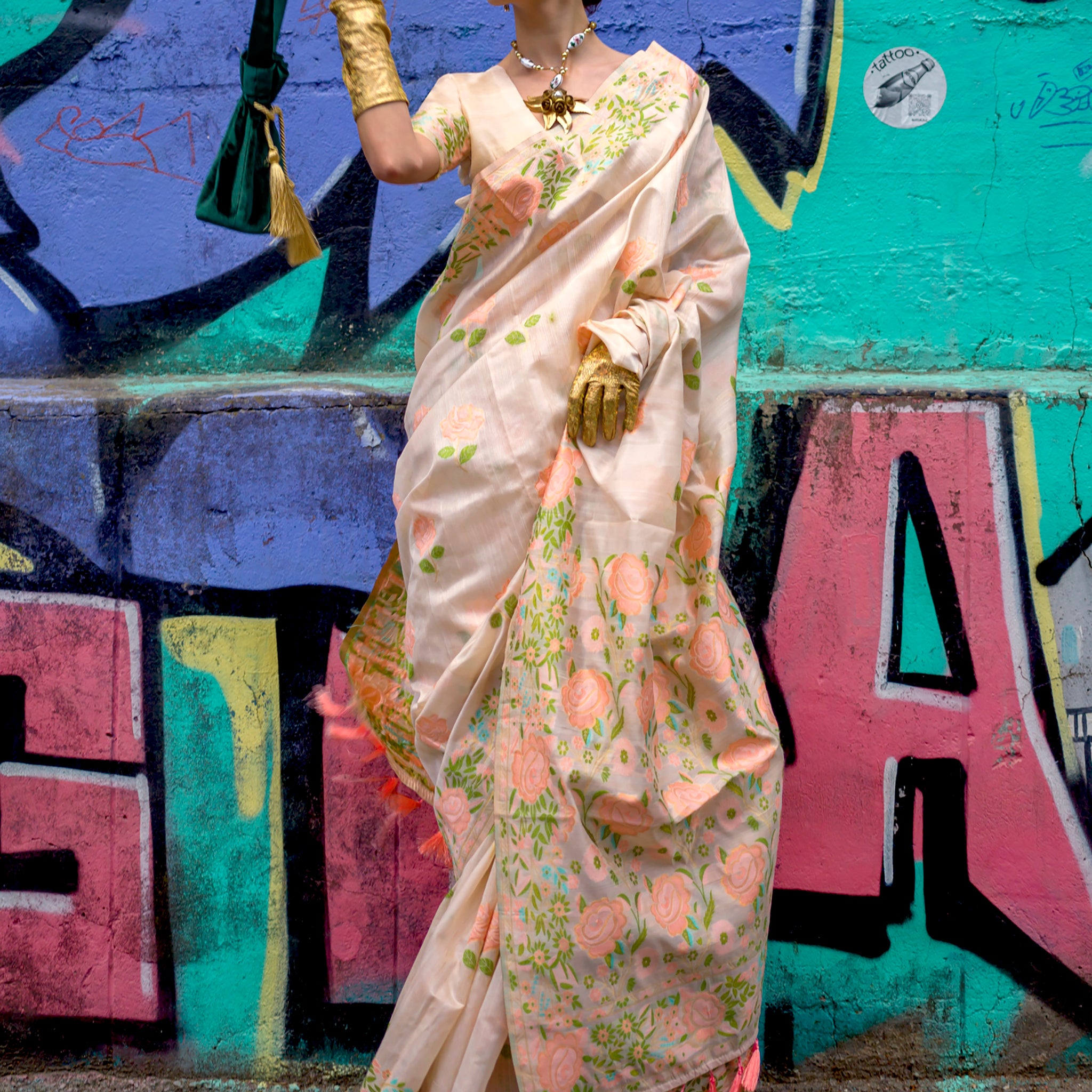 Beautiful Cream Floral Printed Silk Festive Wear Saree With Blouse