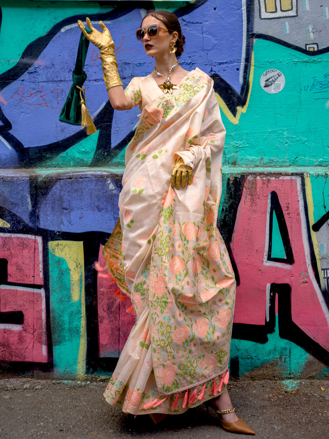 Beautiful Cream Floral Printed Silk Festive Wear Saree With Blouse