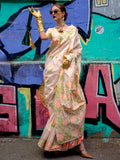 Beautiful Cream Floral Printed Silk Festive Wear Saree With Blouse