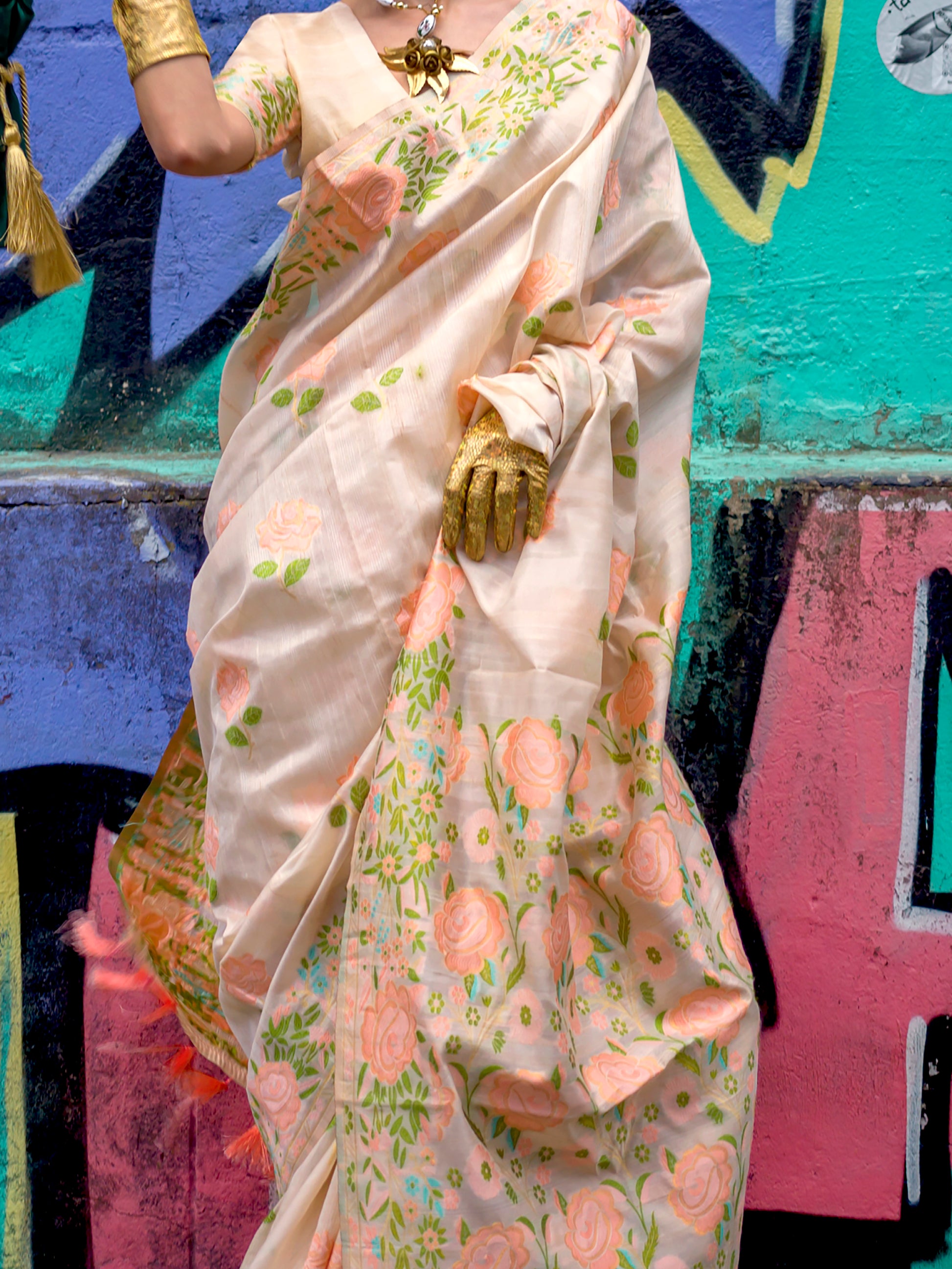 Beautiful Cream Floral Printed Silk Festive Wear Saree With Blouse