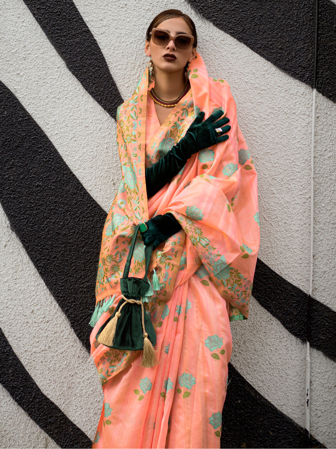 Exquisite Peach Floral Printed Silk Events Wear Saree With Blouse
