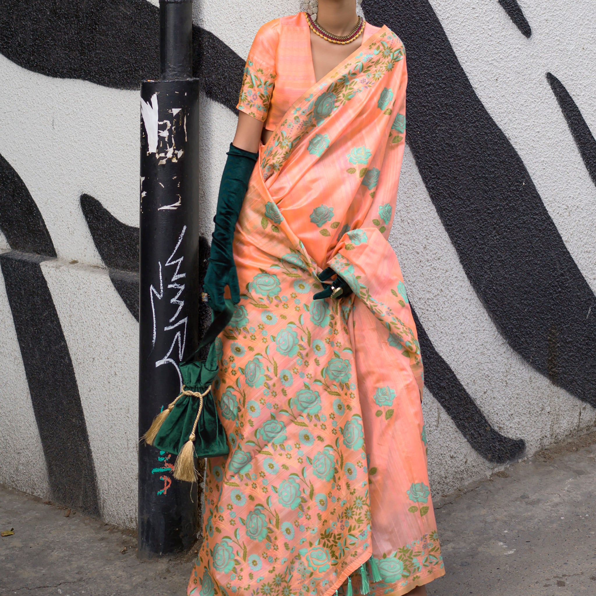 Exquisite Peach Floral Printed Silk Events Wear Saree With Blouse