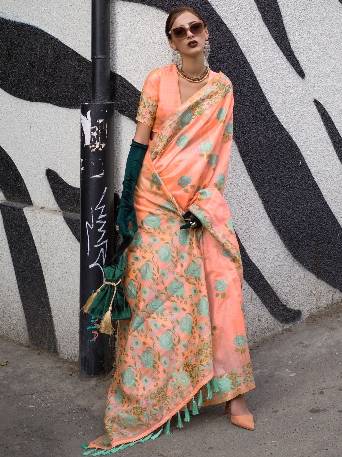 Exquisite Peach Floral Printed Silk Events Wear Saree With Blouse