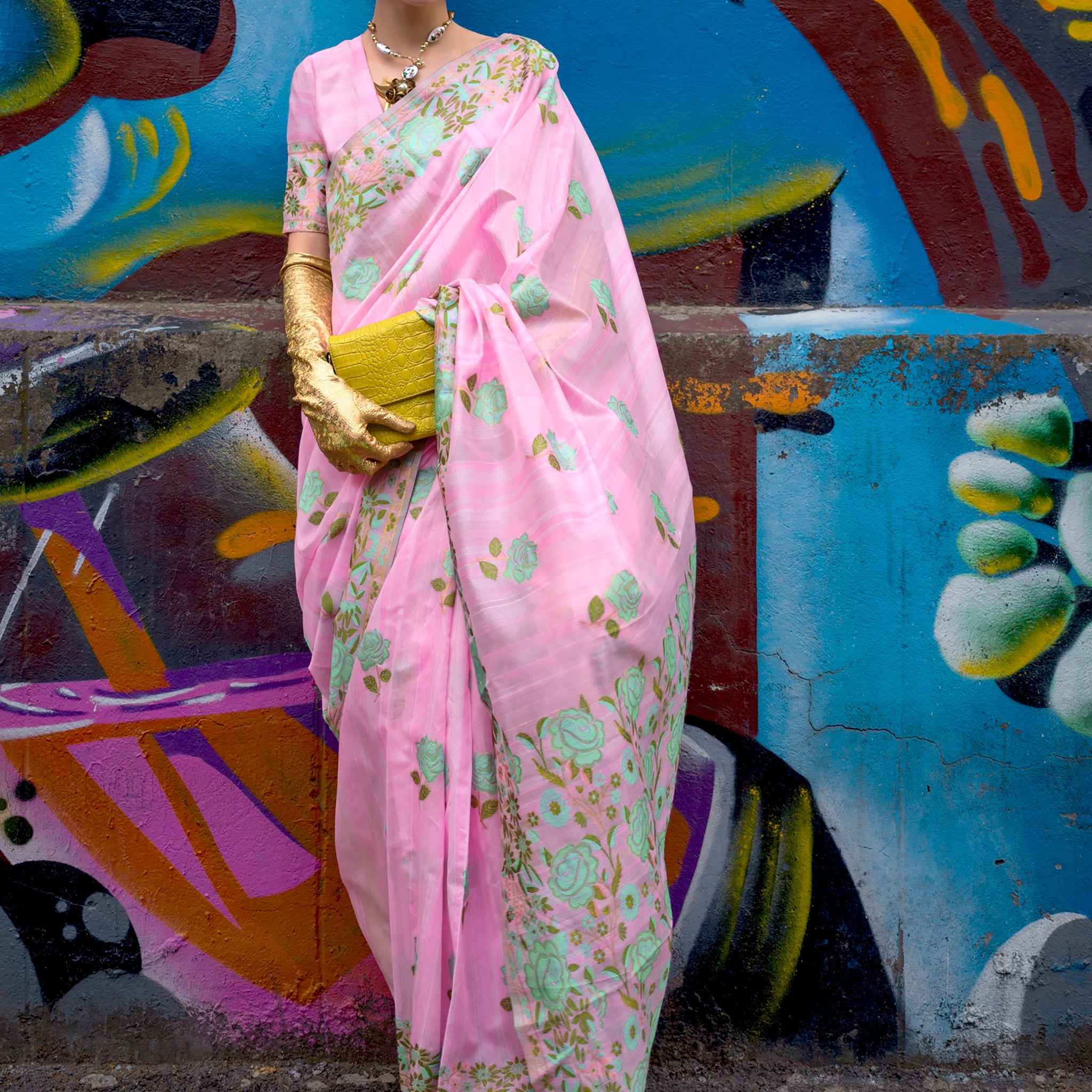 Pretty Pink Floral Printed Silk Occasions Wear Saree With Blouse