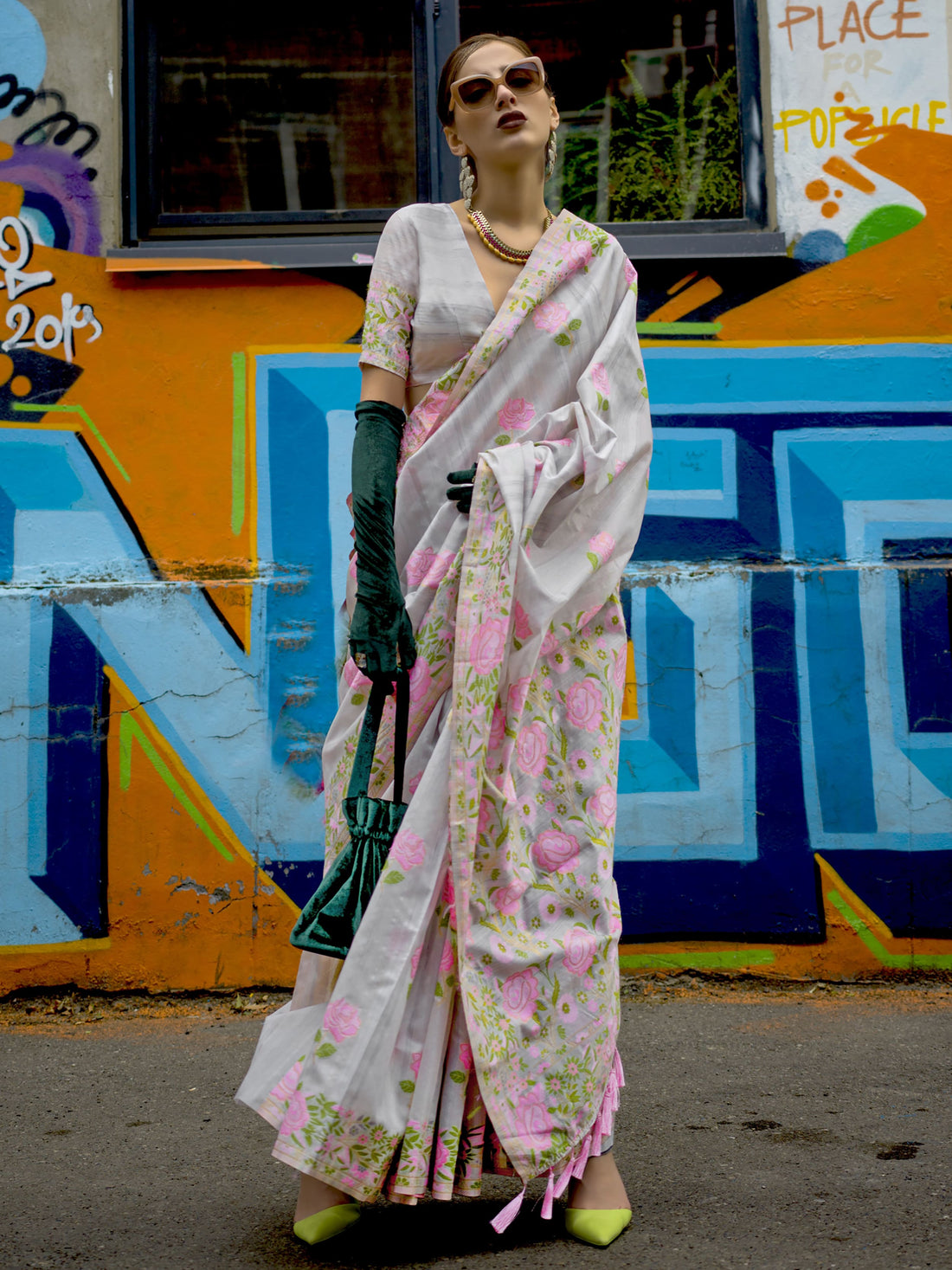 Adorable Grey Floral Printed Silk Function Wear Saree With Blouse