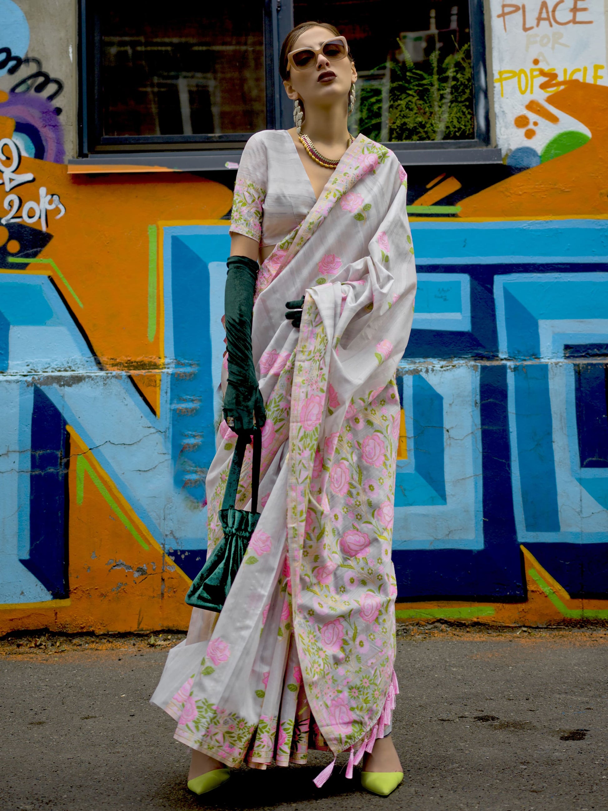 Adorable Grey Floral Printed Silk Function Wear Saree With Blouse