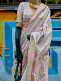 Adorable Grey Floral Printed Silk Function Wear Saree With Blouse