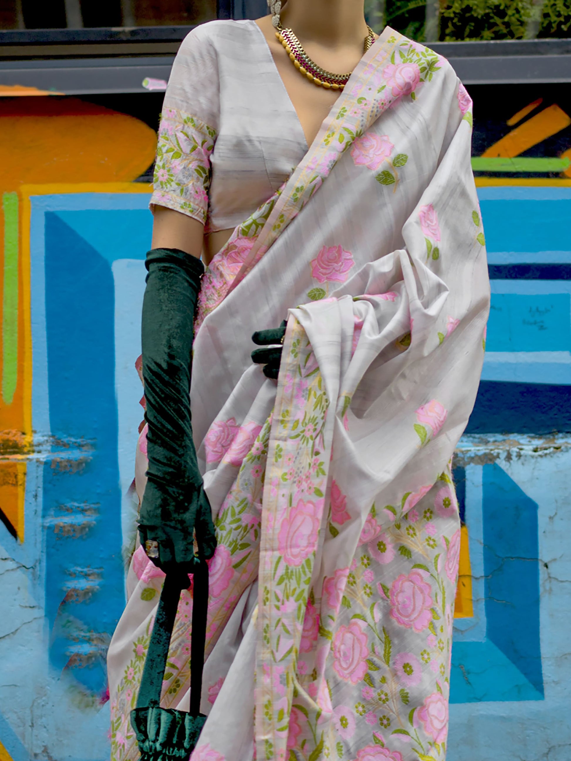 Adorable Grey Floral Printed Silk Function Wear Saree With Blouse