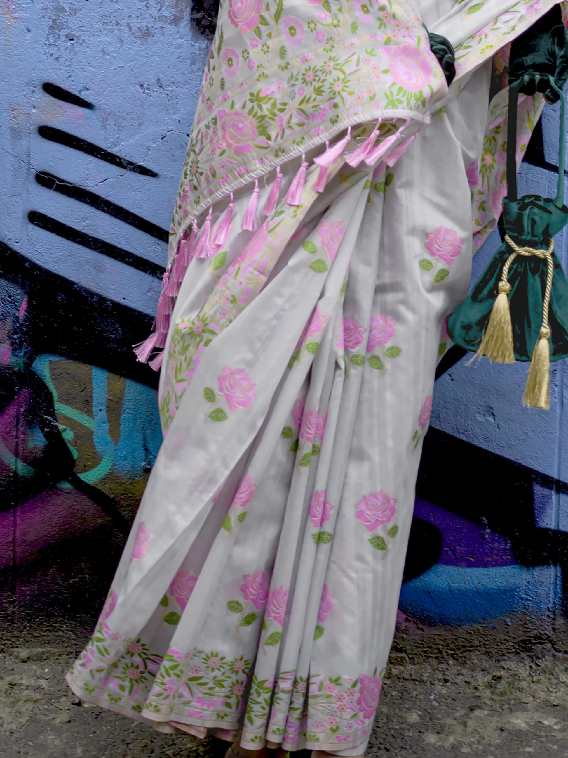 Adorable Grey Floral Printed Silk Function Wear Saree With Blouse