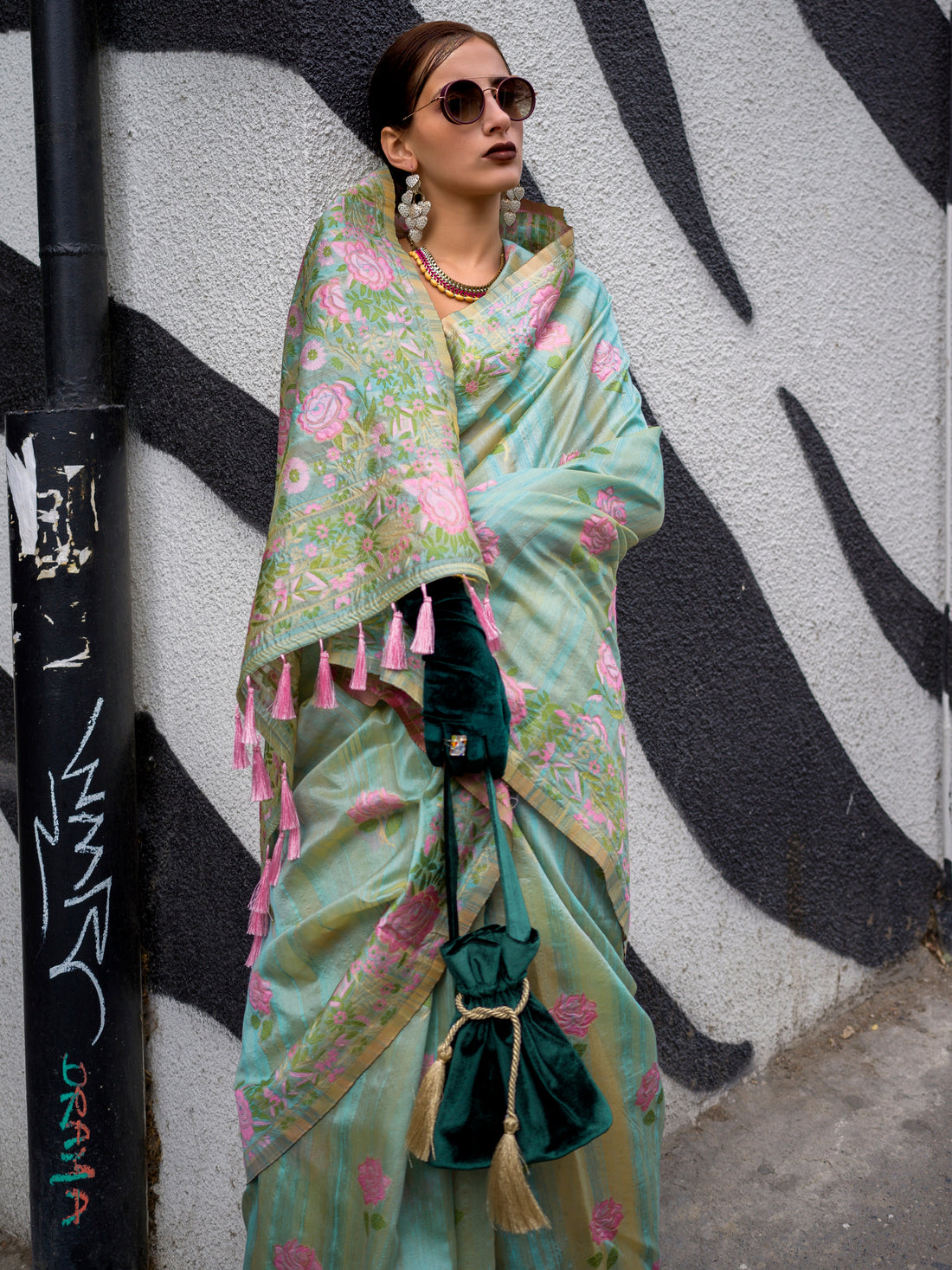 Appealing Sea-Green Floral Printed Silk Wedding Wear Saree