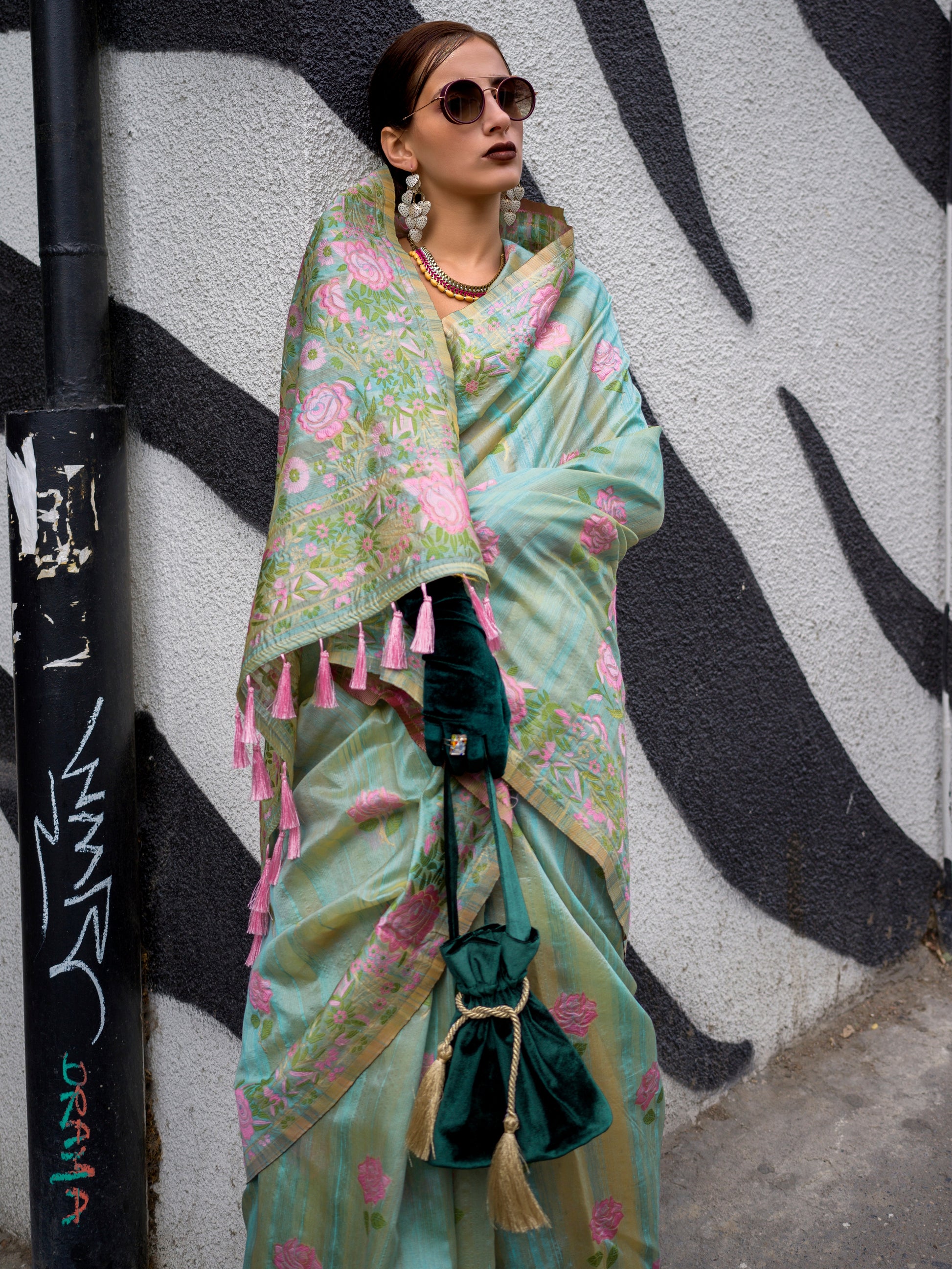 Appealing Sea-Green Floral Printed Silk Wedding Wear Saree