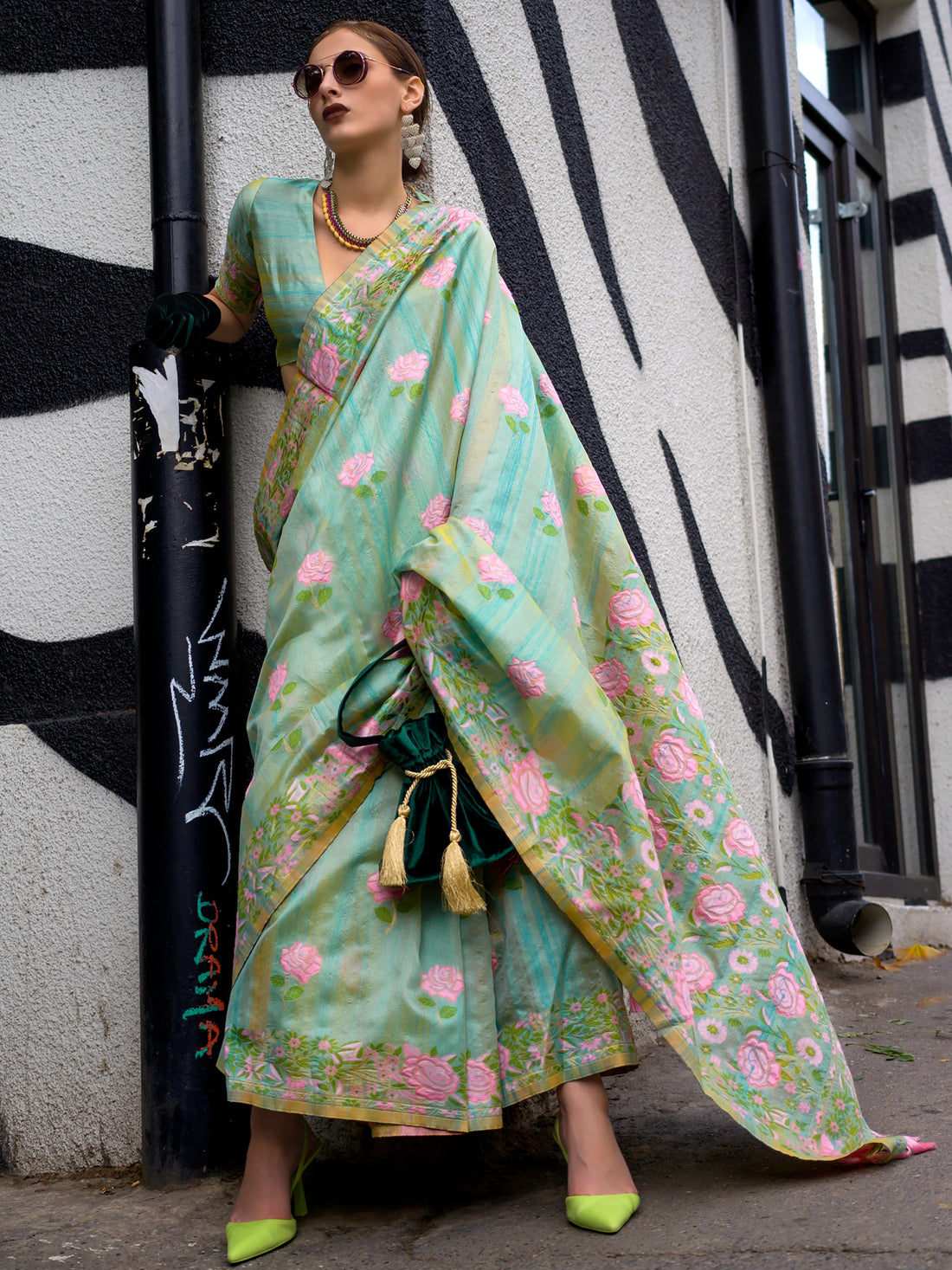 Appealing Sea-Green Floral Printed Silk Wedding Wear Saree