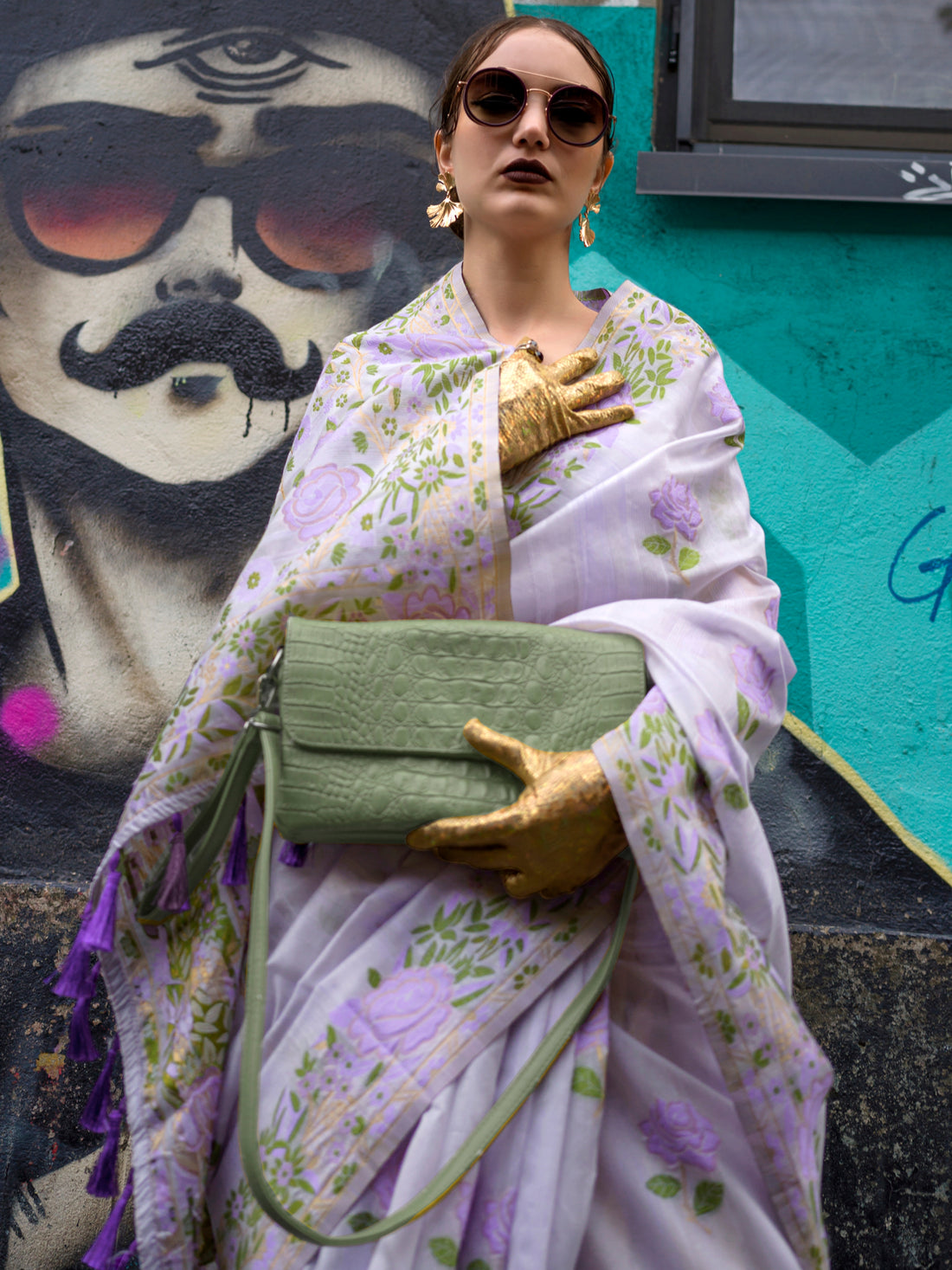 Captivating Lavender Floral Printed Silk Sangeet Wear Saree