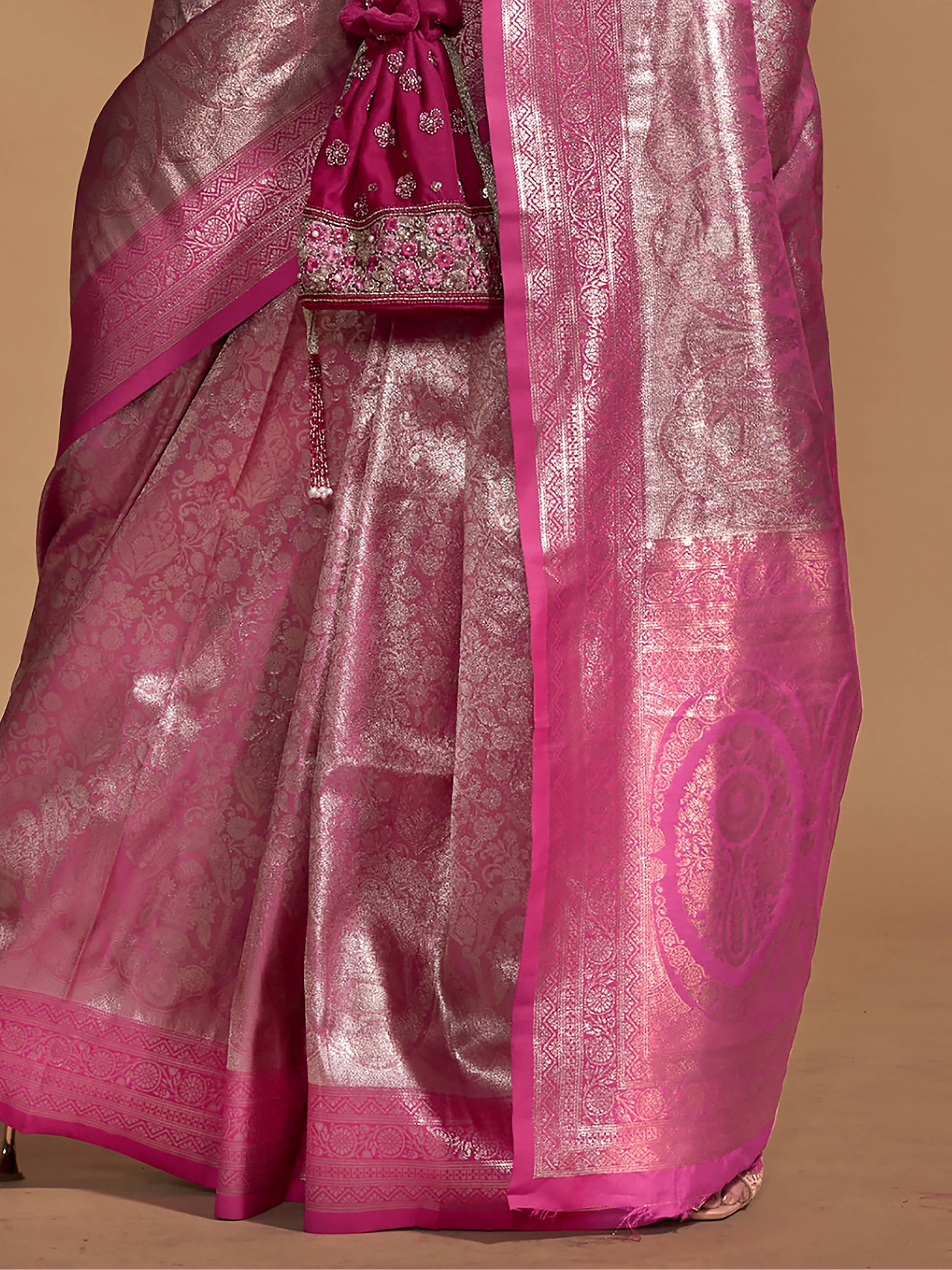 Astonishing Pink Zari Weaving Silk Wedding Wear Saree With Blouse