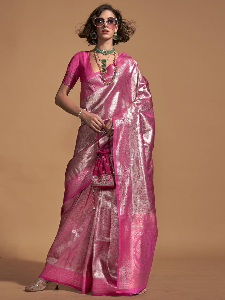 Astonishing Pink Zari Weaving Silk Wedding Wear Saree With Blouse