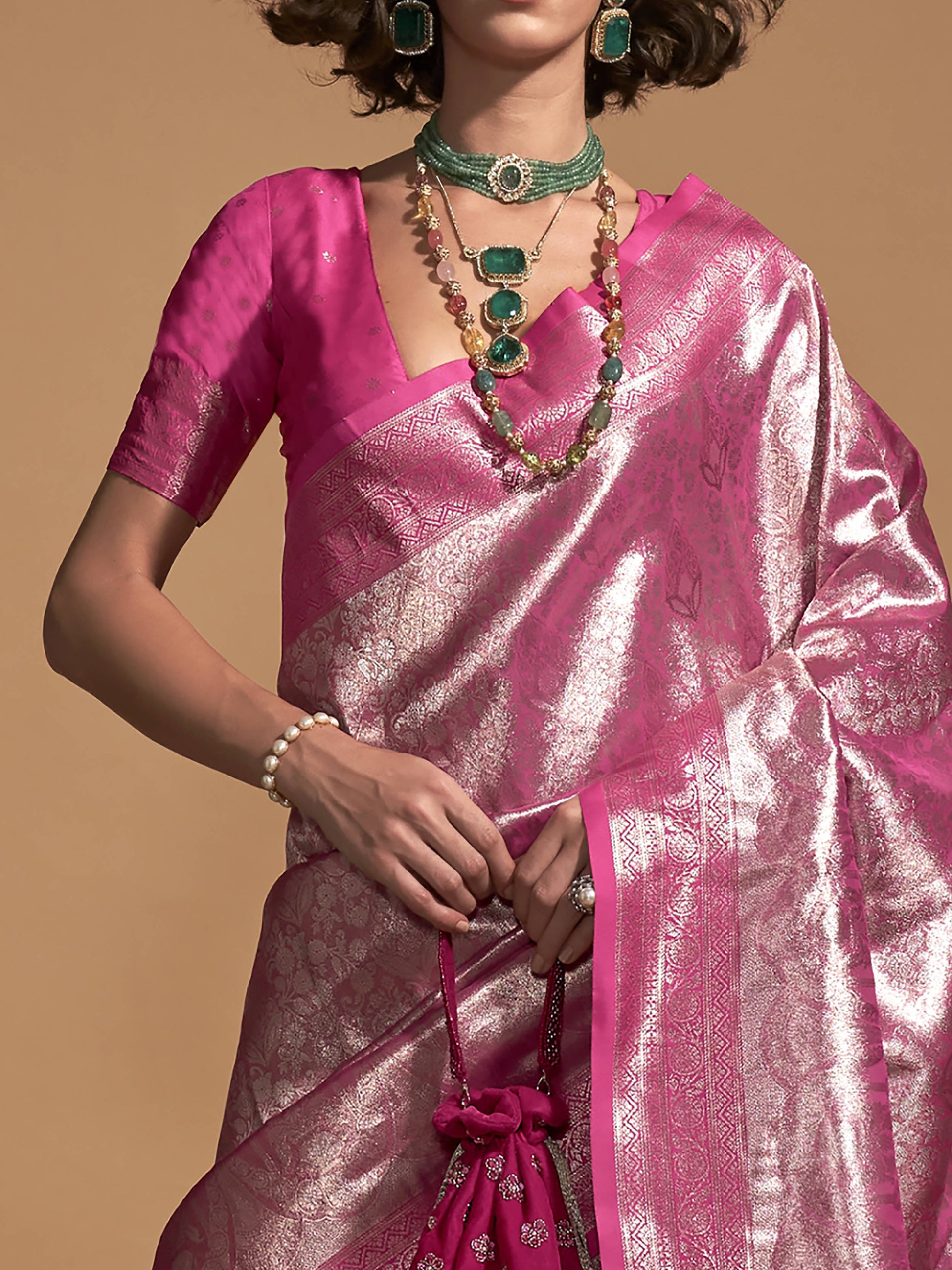 Astonishing Pink Zari Weaving Silk Wedding Wear Saree With Blouse