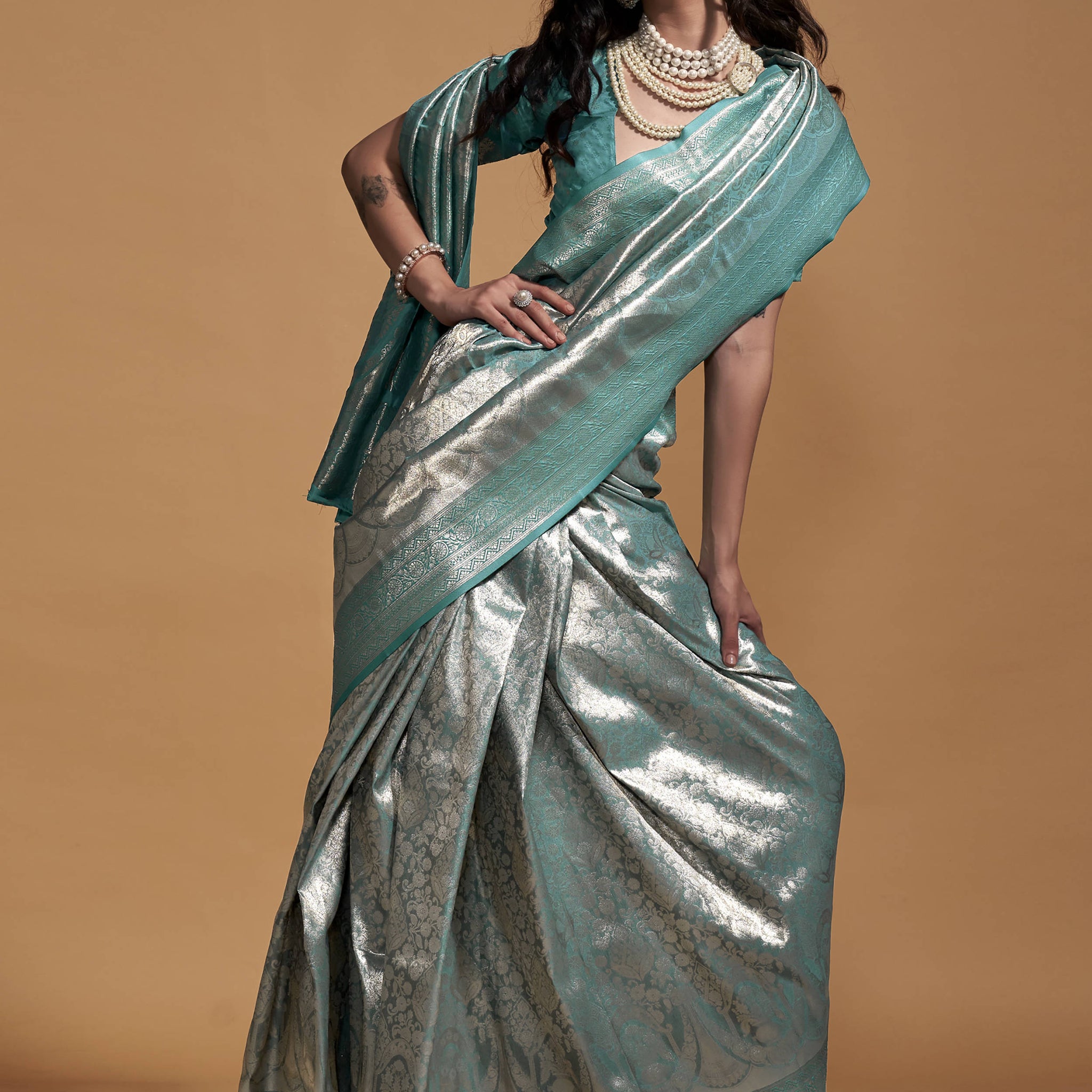 Lovely Turquoise Zari Woven Silk Party Wear Saree With Blouse