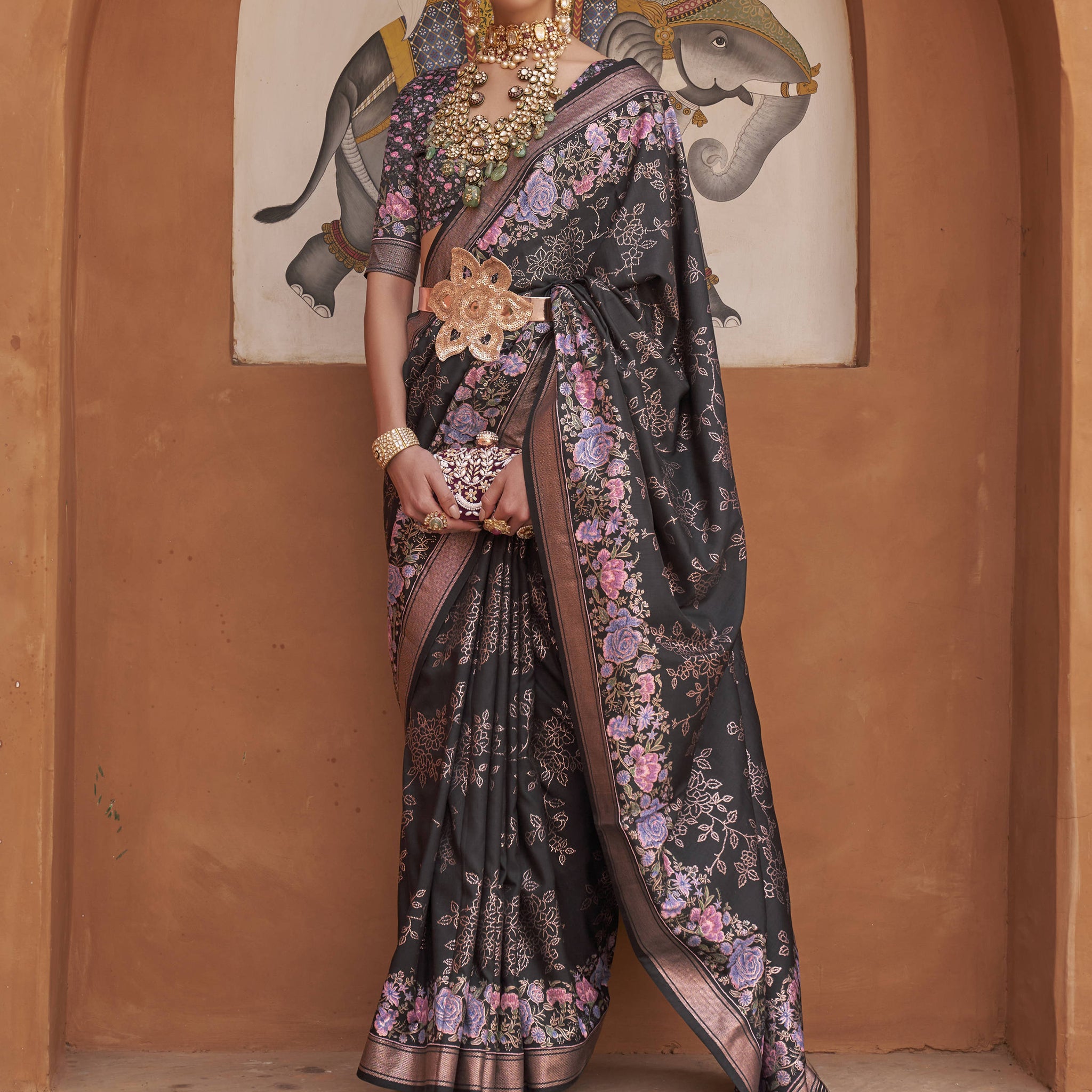 Attractive Black Floral Printed Silk Party Wear Saree With Blouse
