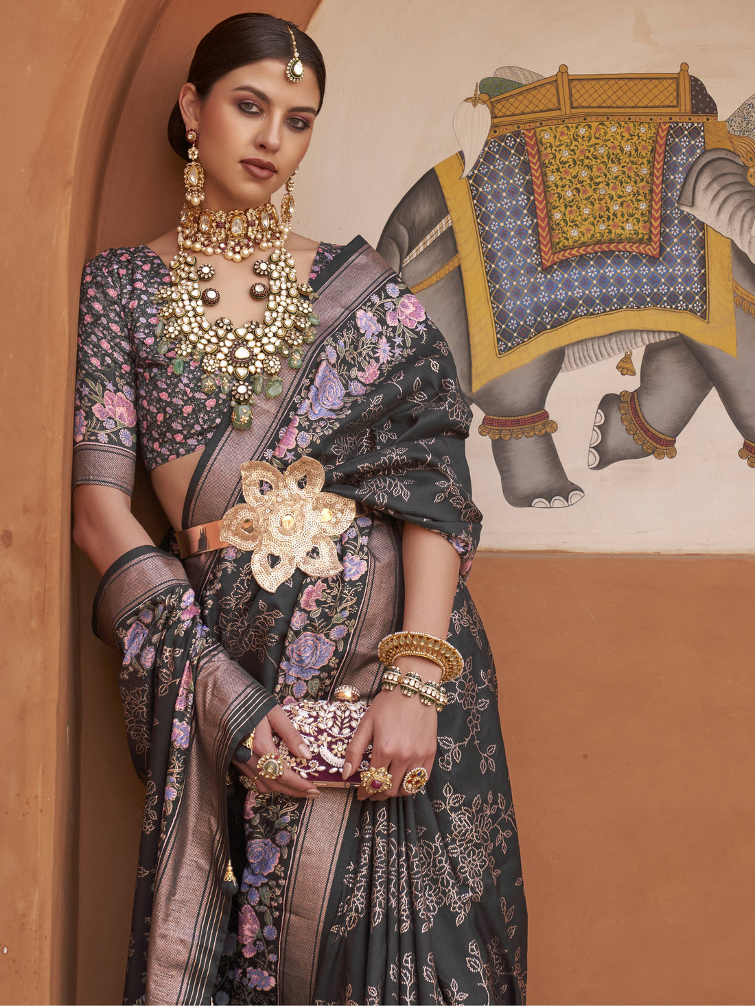Attractive Black Floral Printed Silk Party Wear Saree With Blouse