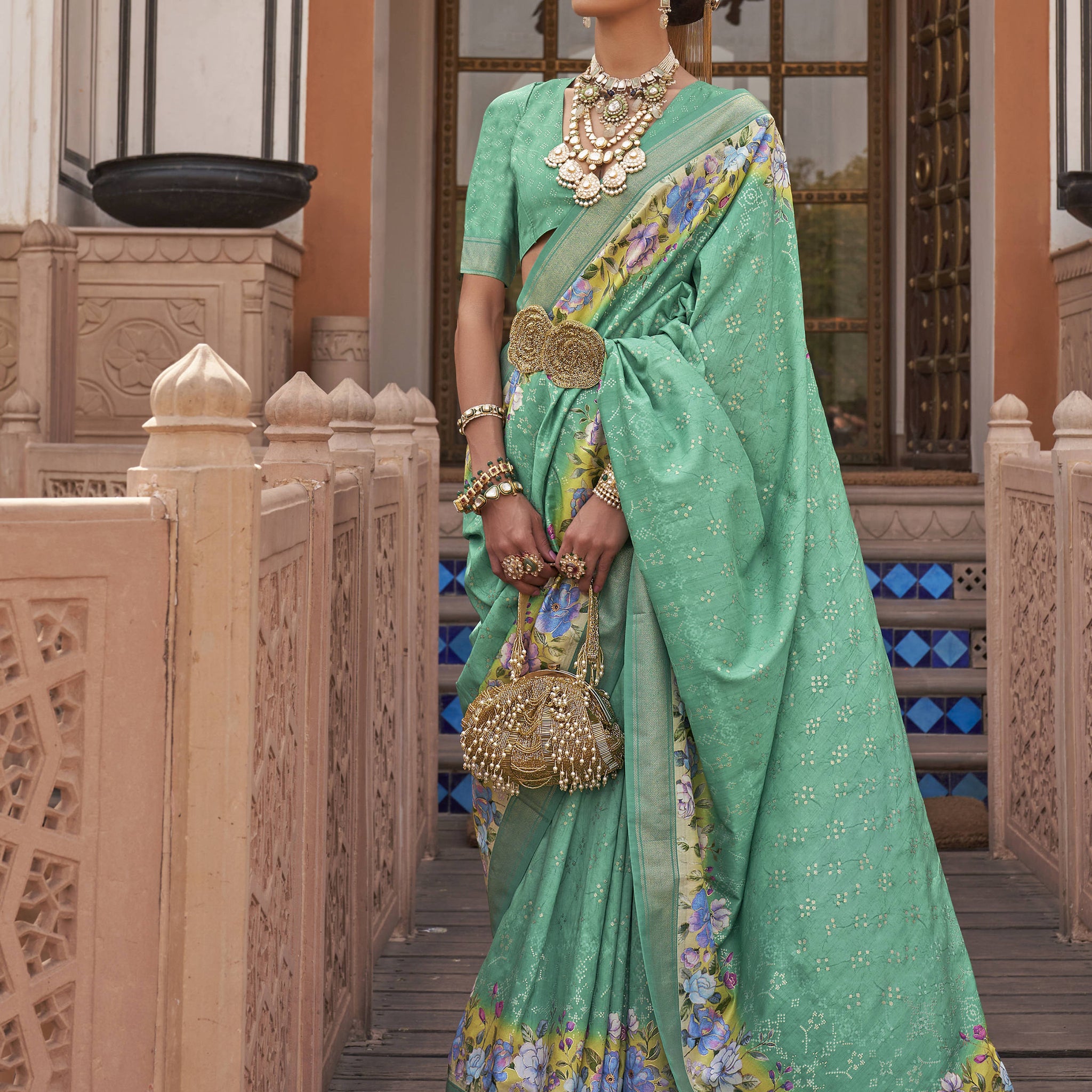 Fancified Aqua Green Floral Printed Function Wear Saree With Blouse