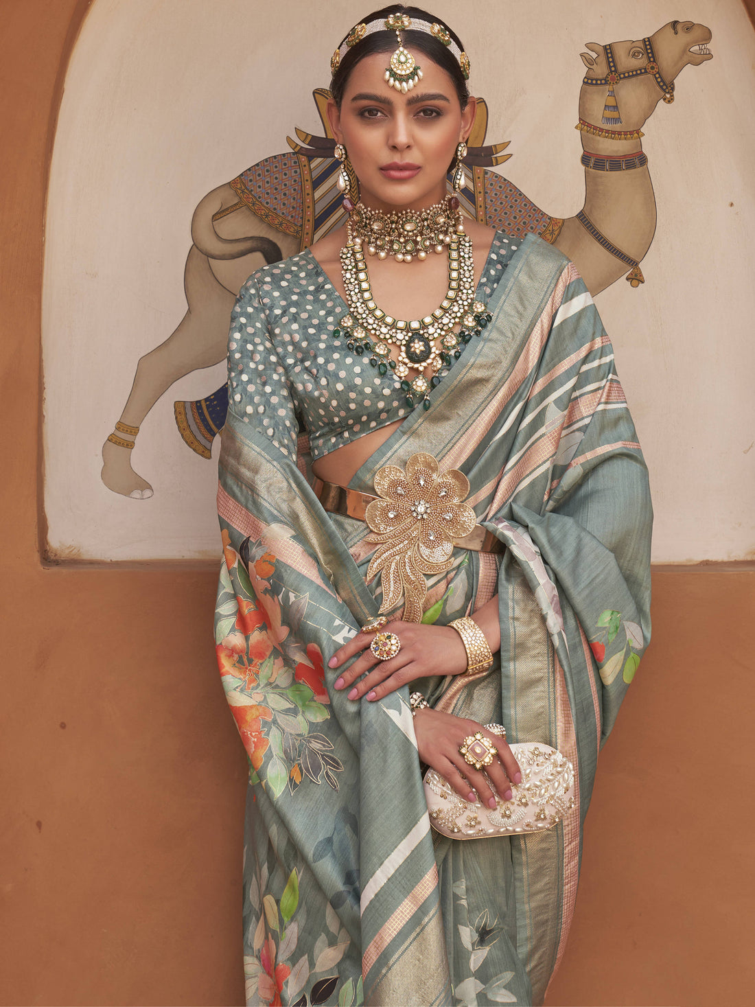 Precious Sage Green Floral Printed Silk Designer Saree With Blouse