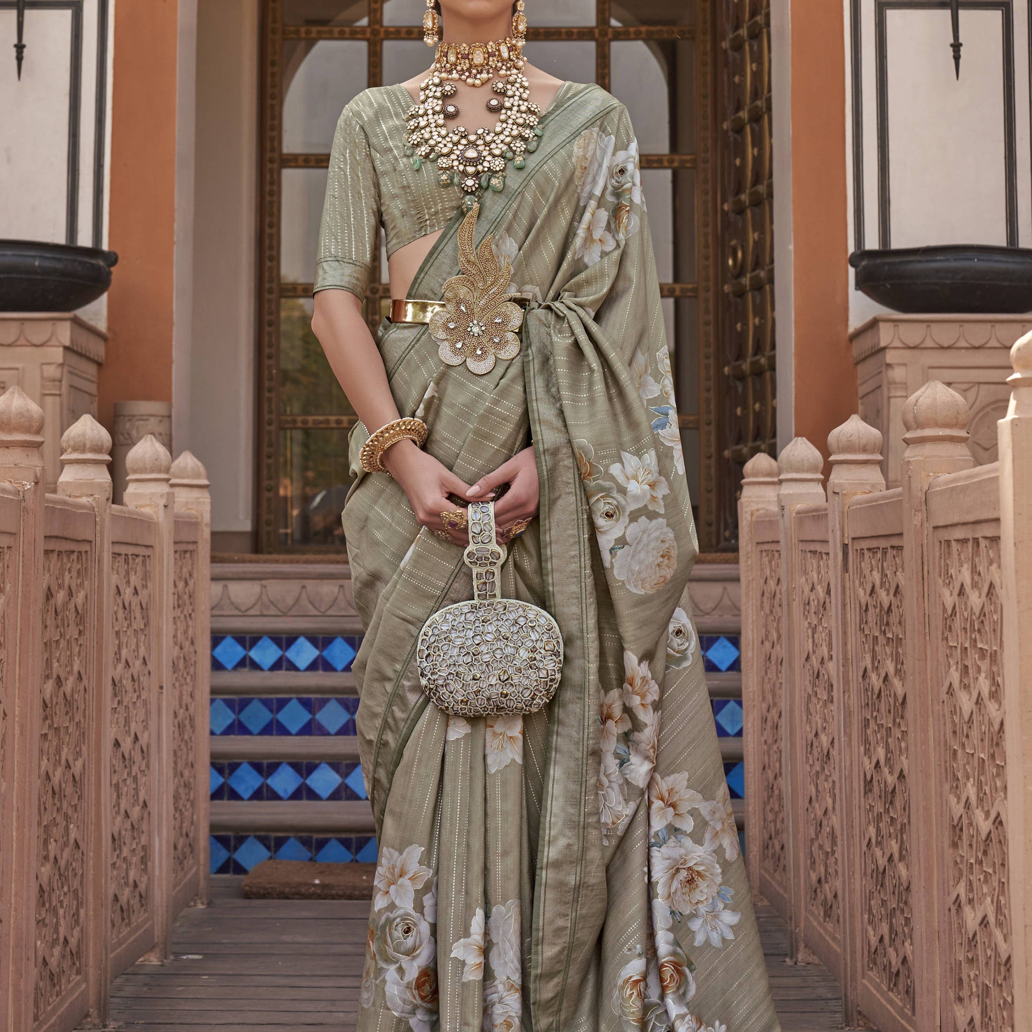 Fancified Green Floral Printed Party Wear Silk Saree With Blouse