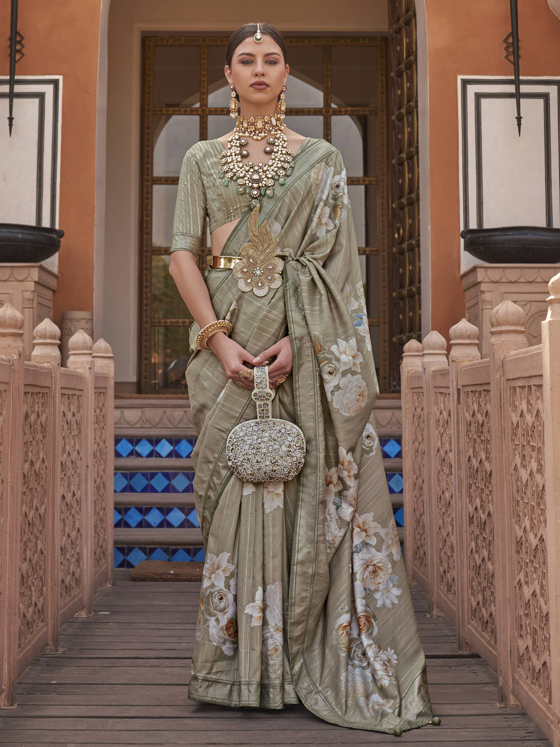 Fancified Green Floral Printed Party Wear Silk Saree With Blouse