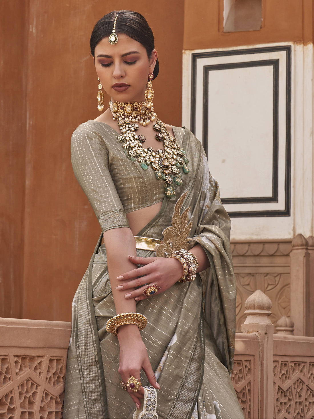 Fancified Green Floral Printed Party Wear Silk Saree With Blouse