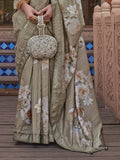 Fancified Green Floral Printed Party Wear Silk Saree With Blouse