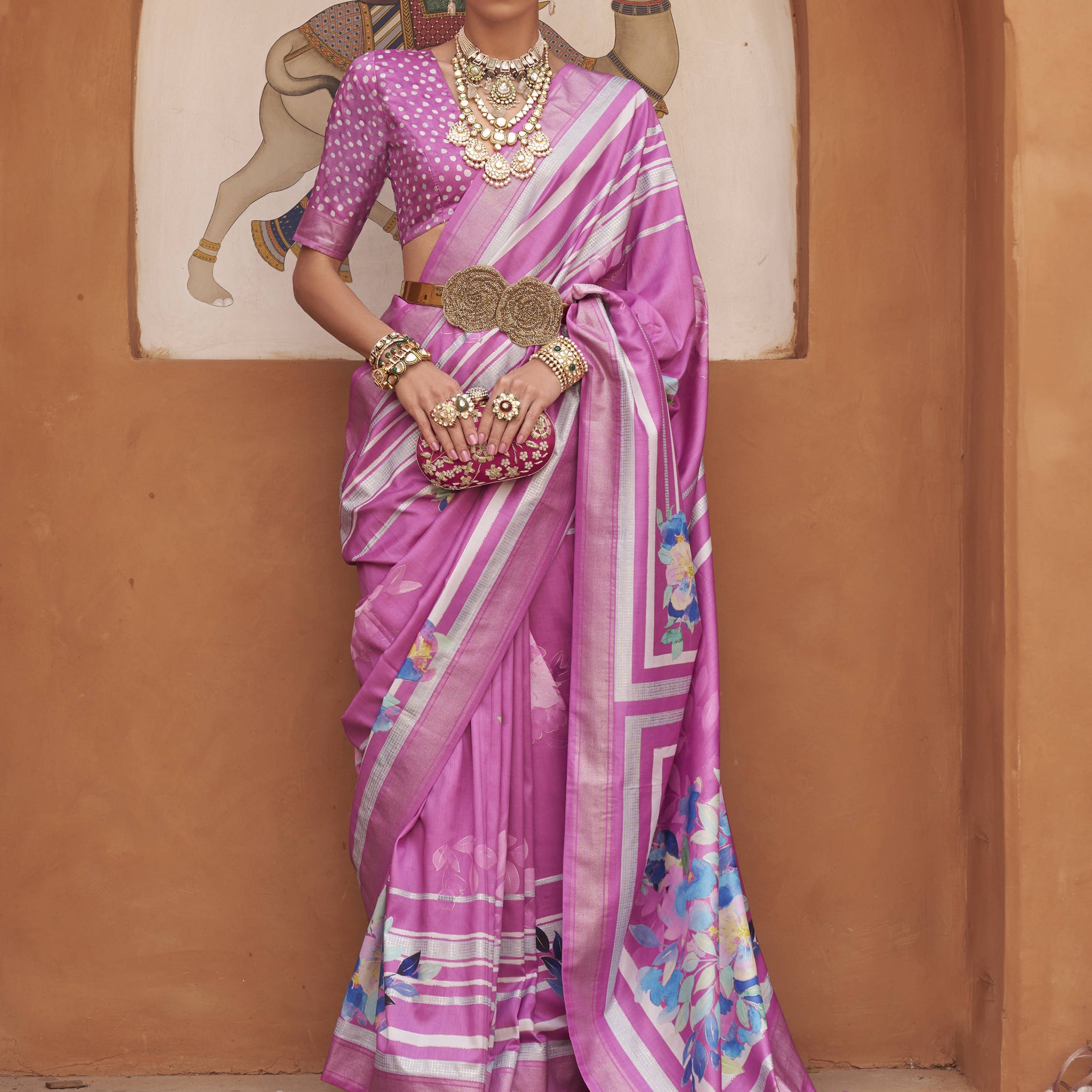Wonderful Pink Floral Print Silk Engagement Wear Saree With Blouse