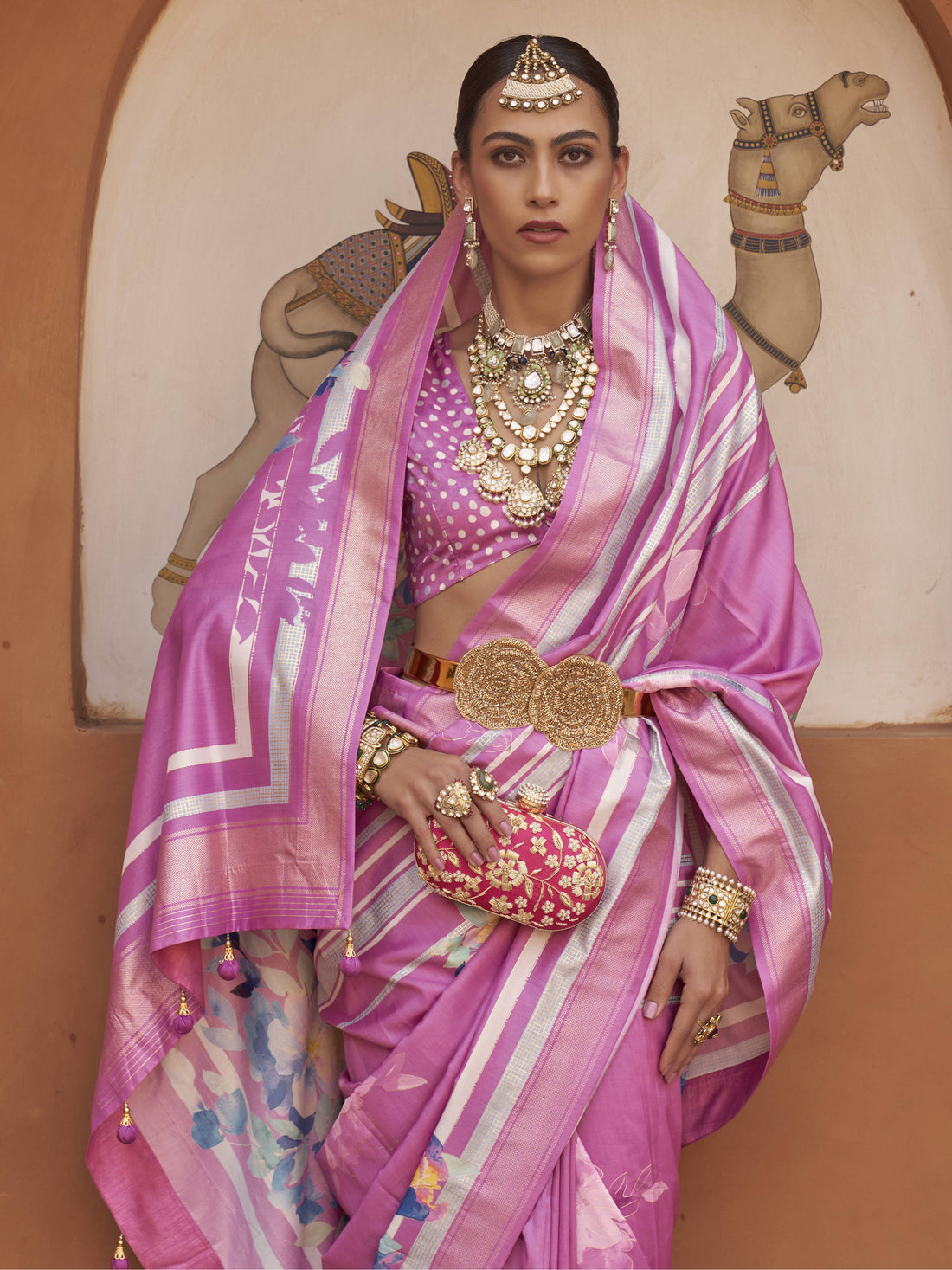 Wonderful Pink Floral Print Silk Engagement Wear Saree With Blouse