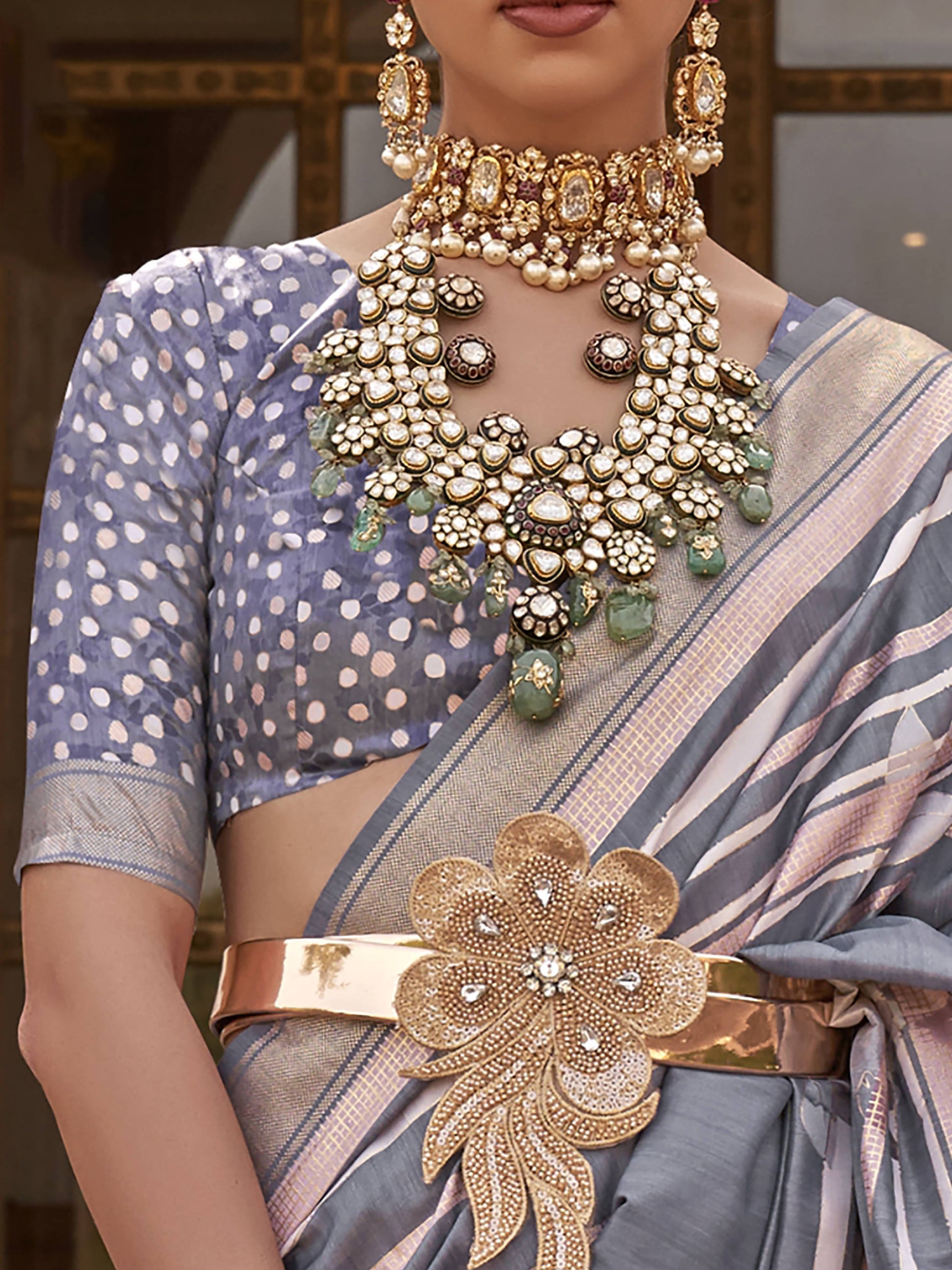 Classic Grey Floral Print Silk Party Wear Saree With Blouse