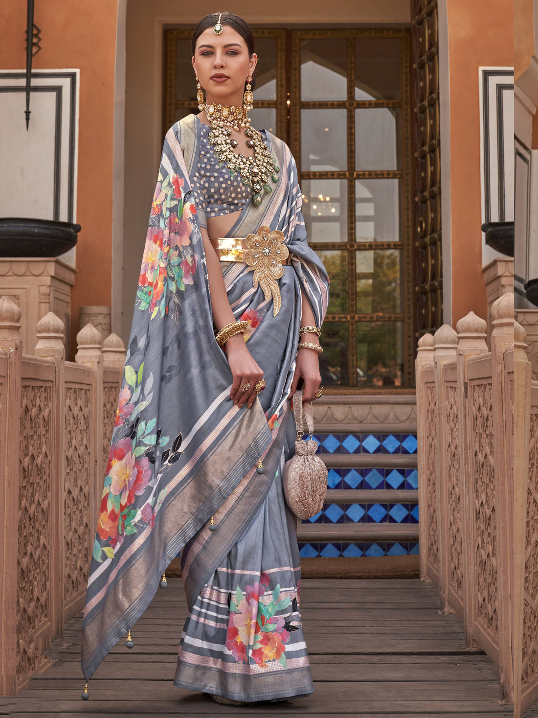 Classic Grey Floral Print Silk Party Wear Saree With Blouse