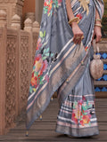 Classic Grey Floral Print Silk Party Wear Saree With Blouse