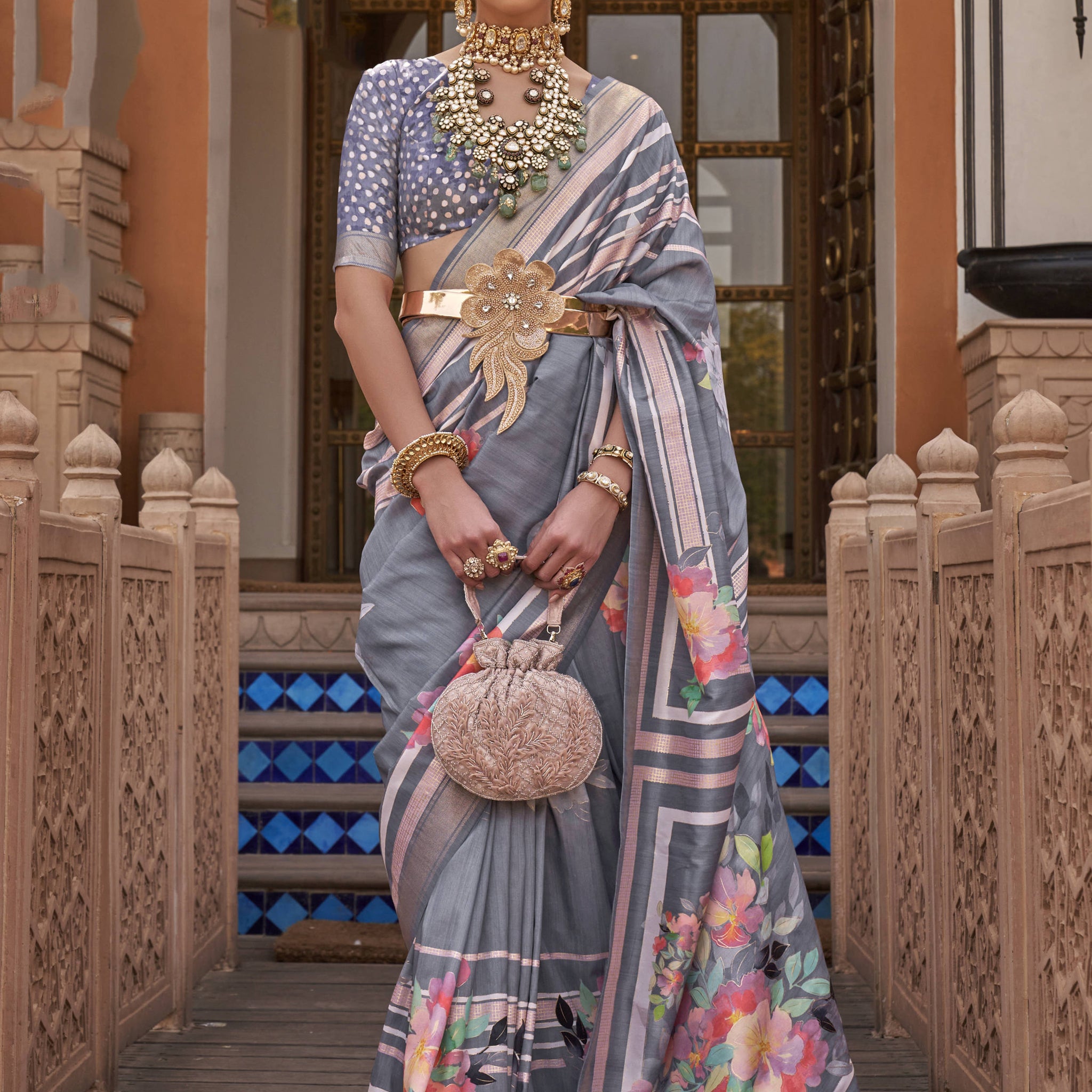 Classic Grey Floral Print Silk Party Wear Saree With Blouse
