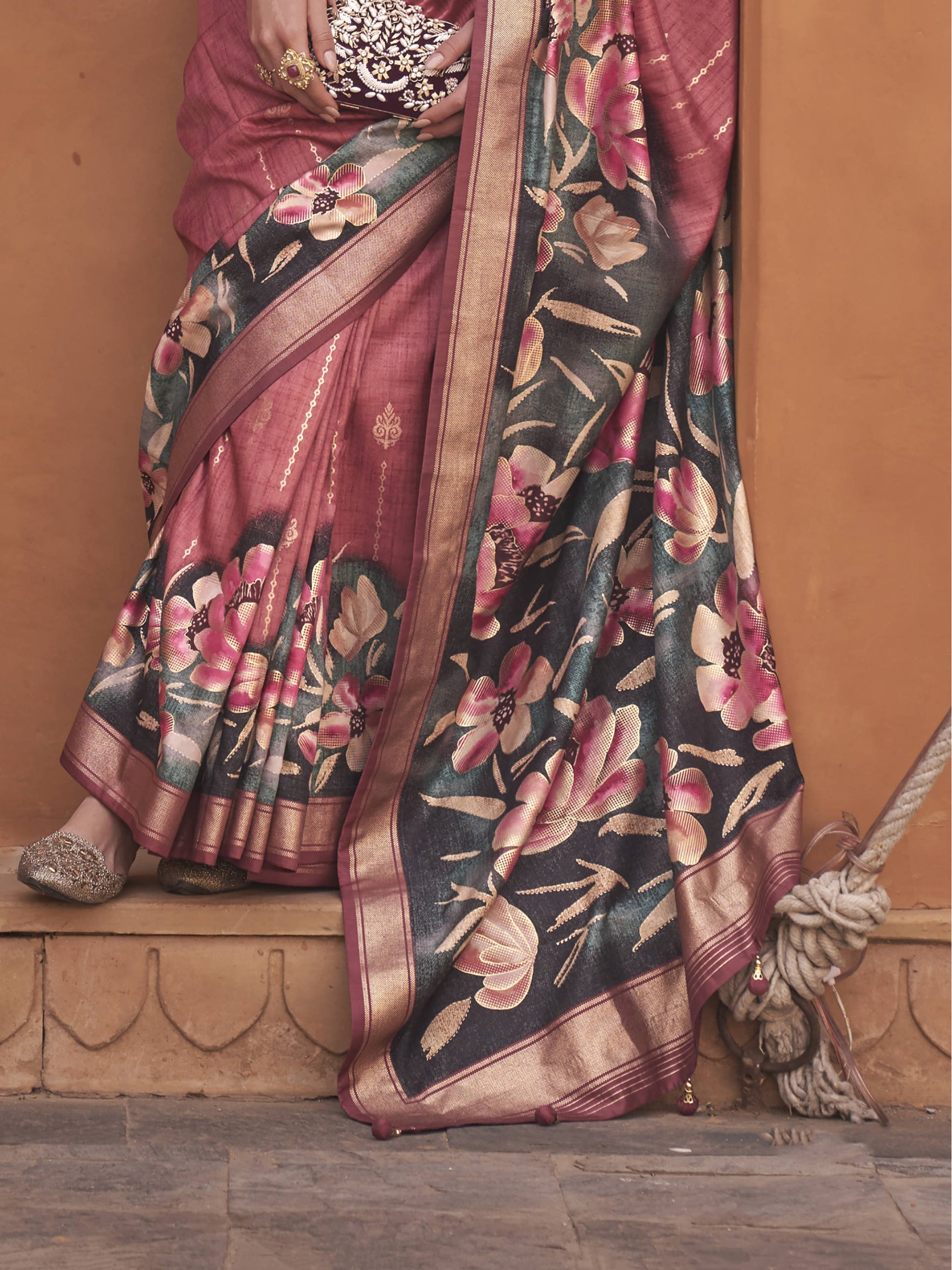 Enchanting Dark Pink Floral Printed Silk Reception Wear Saree With Blouse