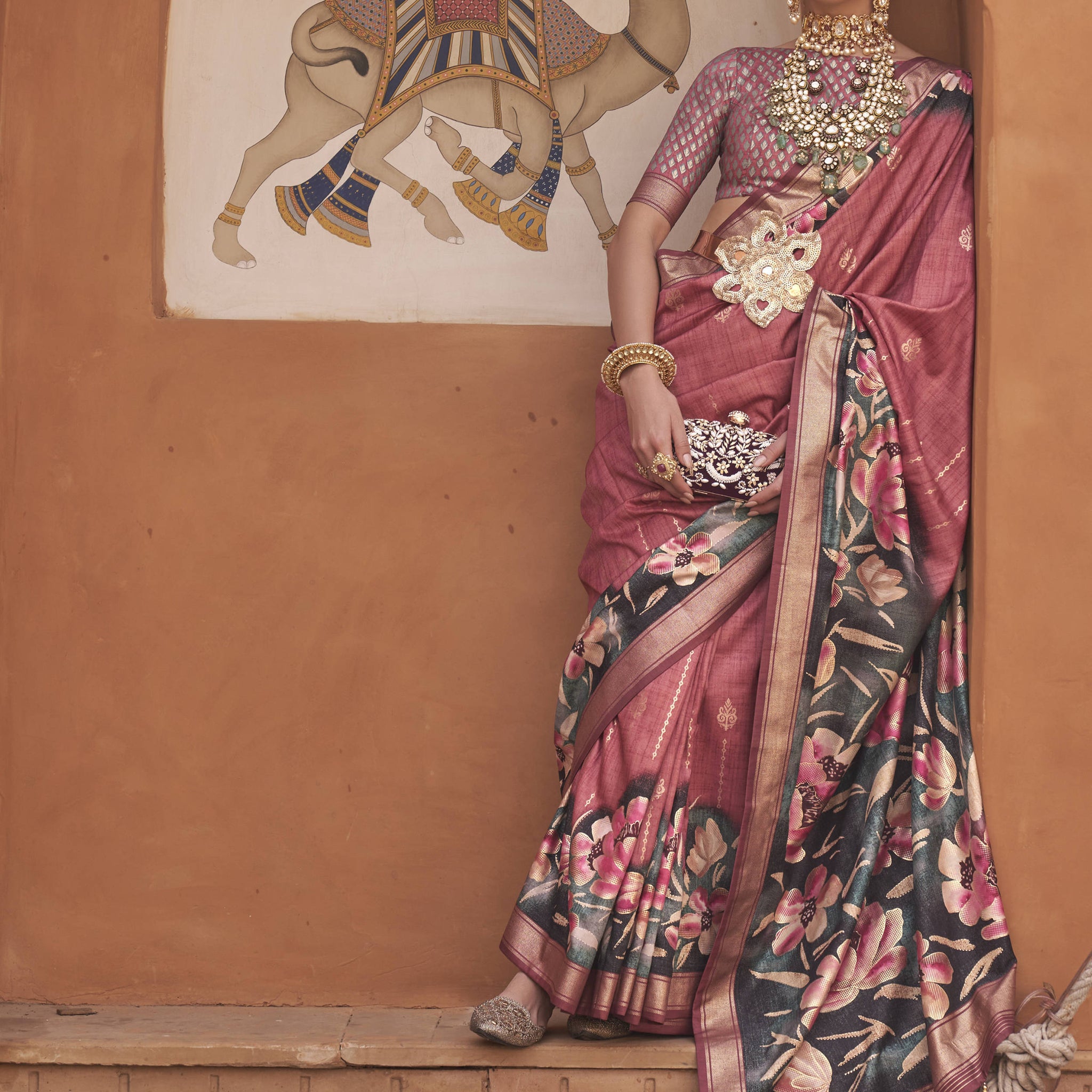 Enchanting Dark Pink Floral Printed Silk Reception Wear Saree With Blouse