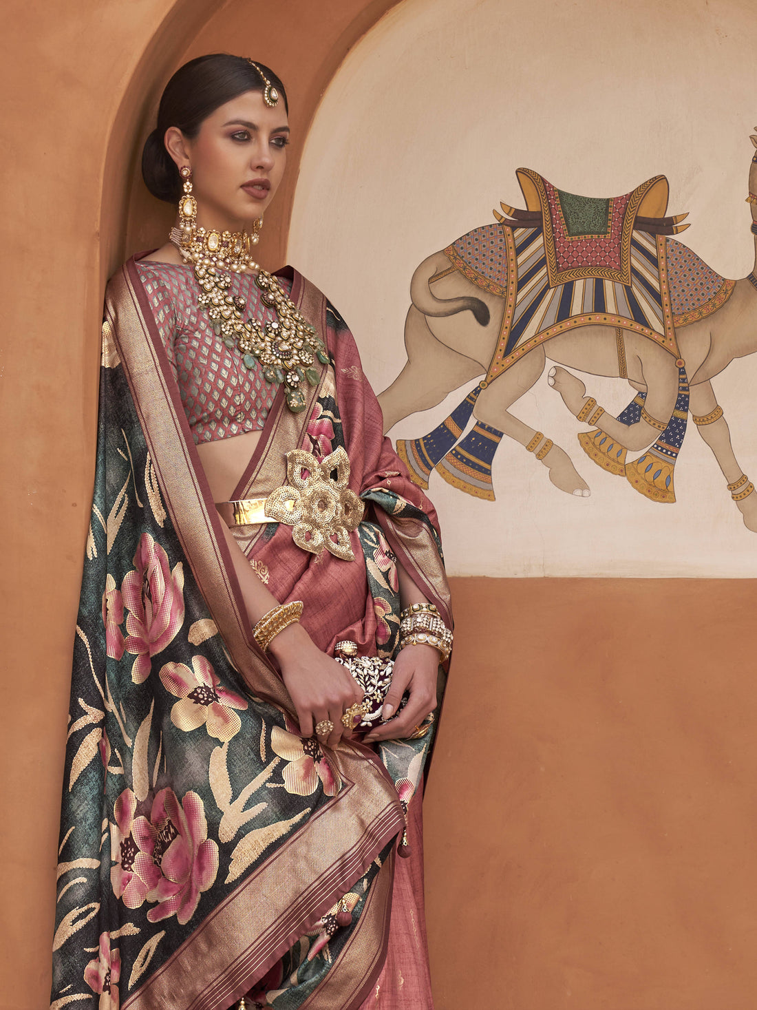 Enchanting Dark Pink Floral Printed Silk Reception Wear Saree With Blouse