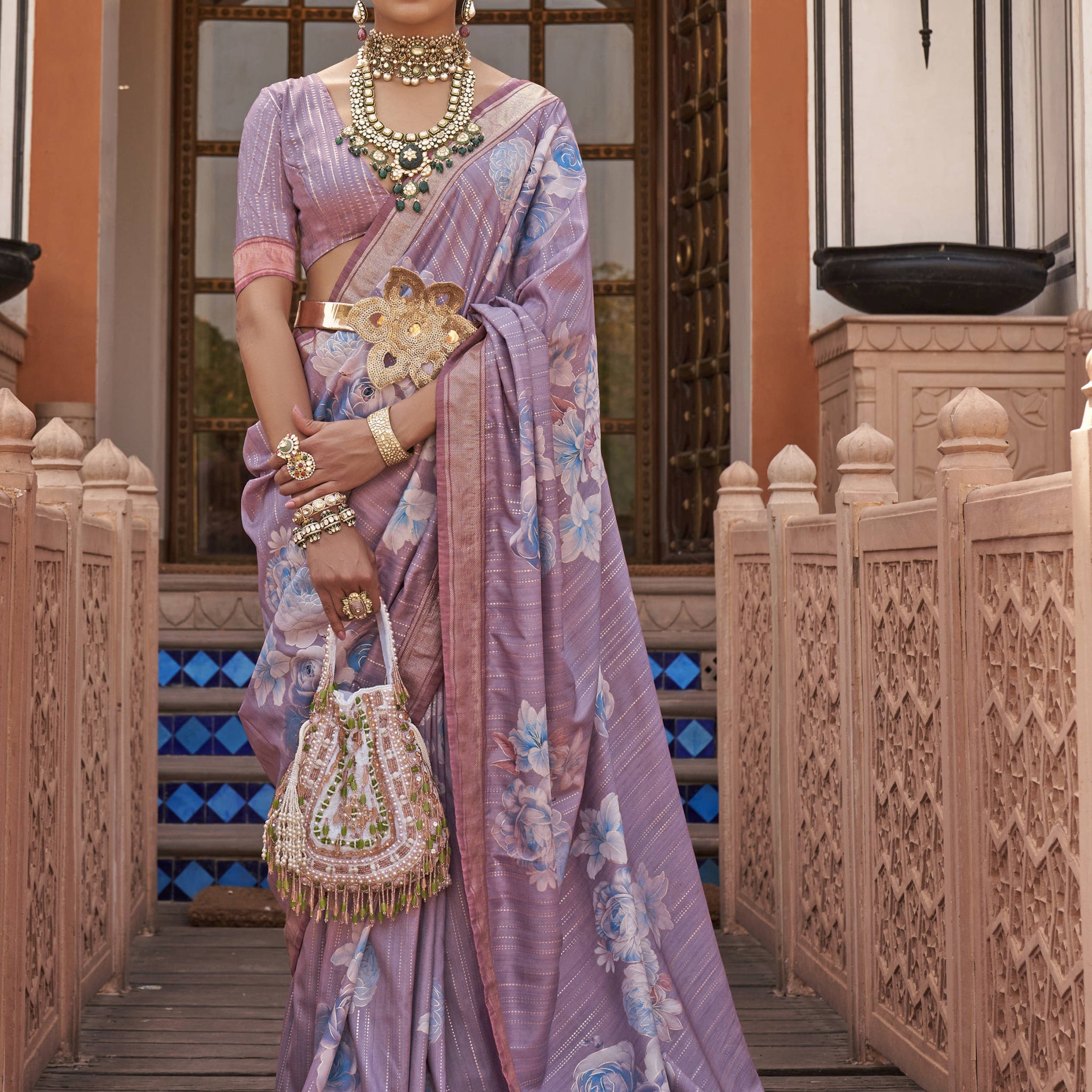 Astonishing Lavender Floral Printed Silk Saree With Blouse
