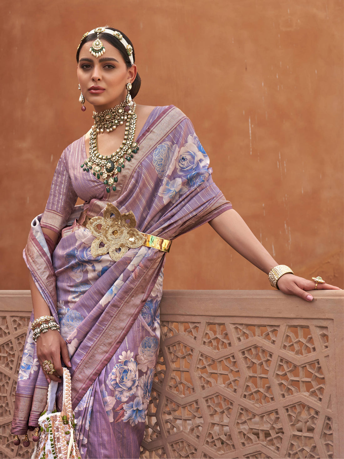 Astonishing Lavender Floral Printed Silk Saree With Blouse