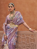 Astonishing Lavender Floral Printed Silk Saree With Blouse