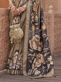 Attractive Brown Floral Print Silk Party Wear Saree With Blouse