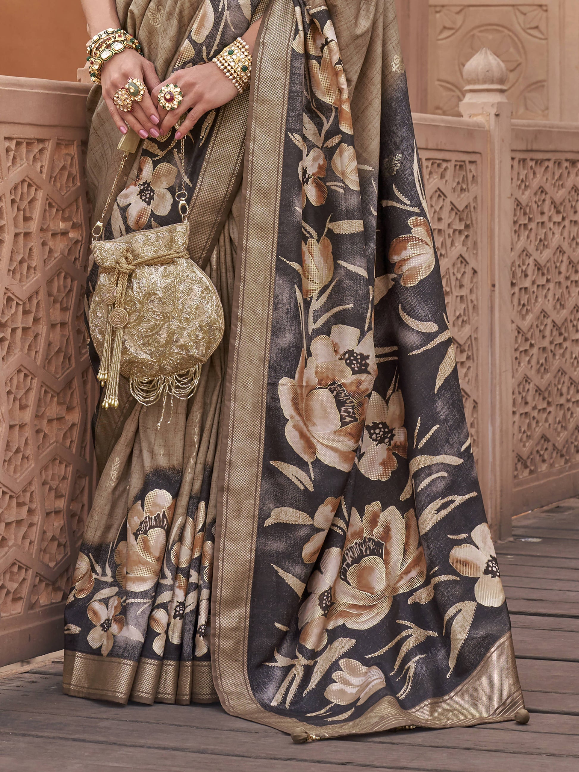 Attractive Brown Floral Print Silk Party Wear Saree With Blouse
