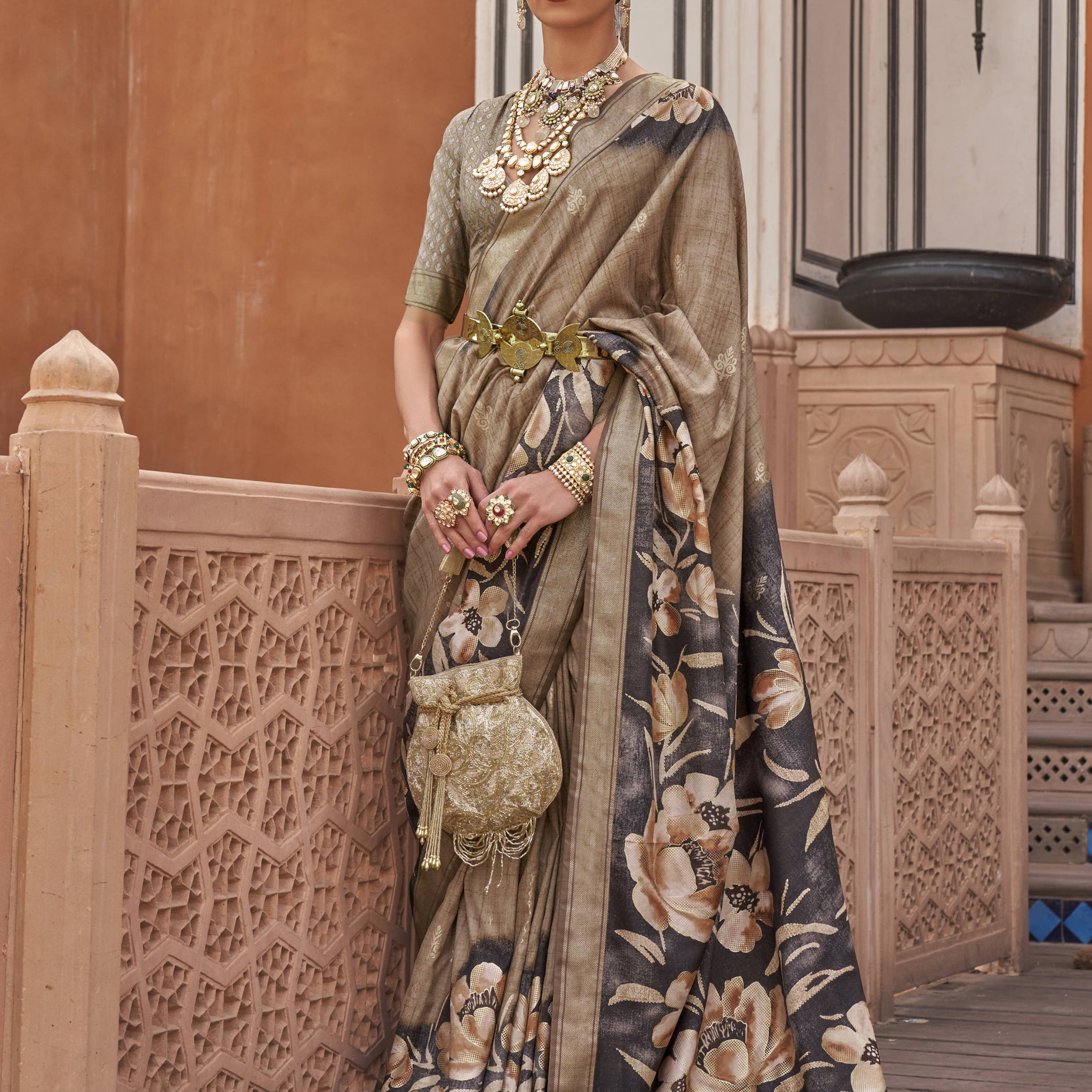 Attractive Brown Floral Print Silk Party Wear Saree With Blouse