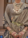 Attractive Brown Floral Print Silk Party Wear Saree With Blouse